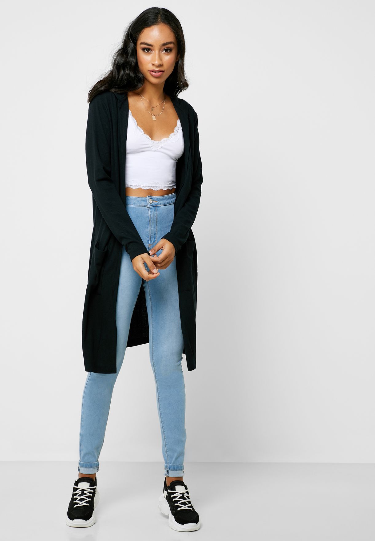 black longline hooded cardigan