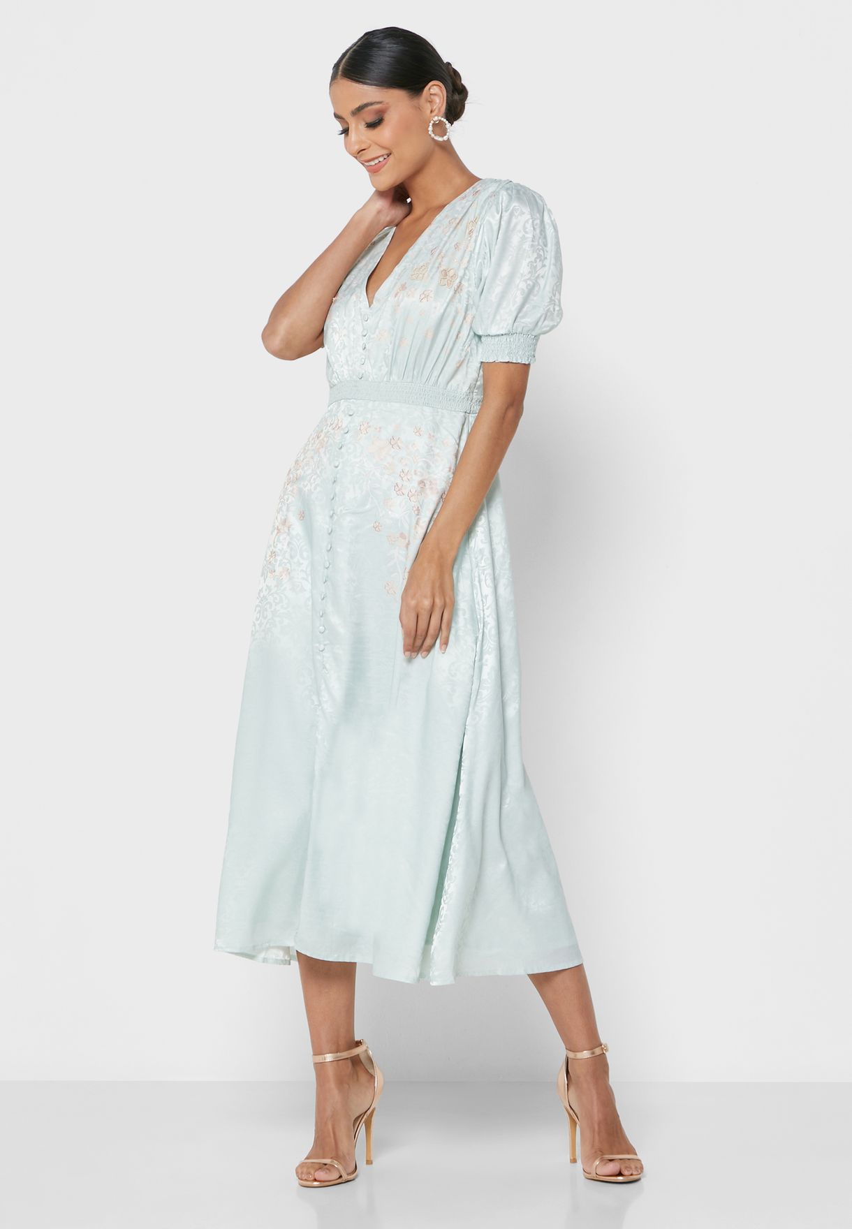 Puff Sleeve Front Slit Dress