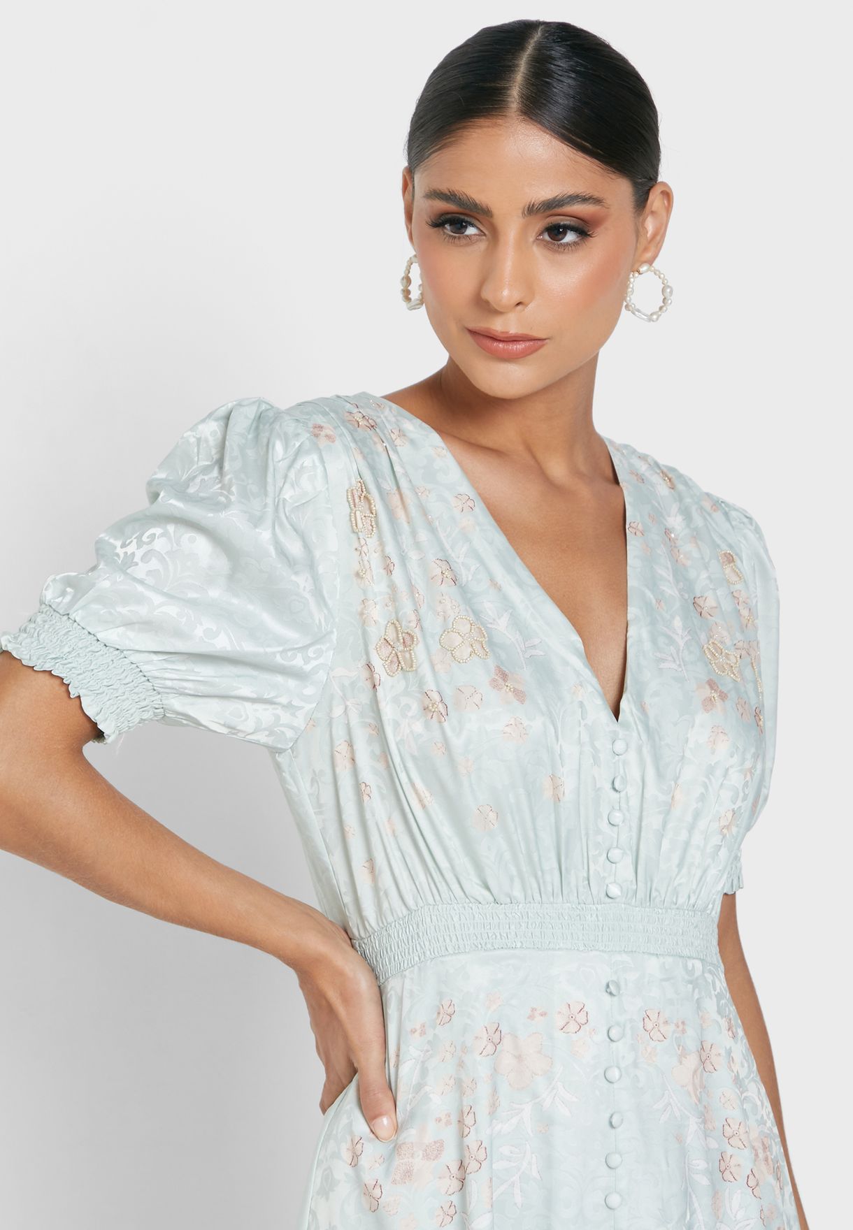 Puff Sleeve Front Slit Dress