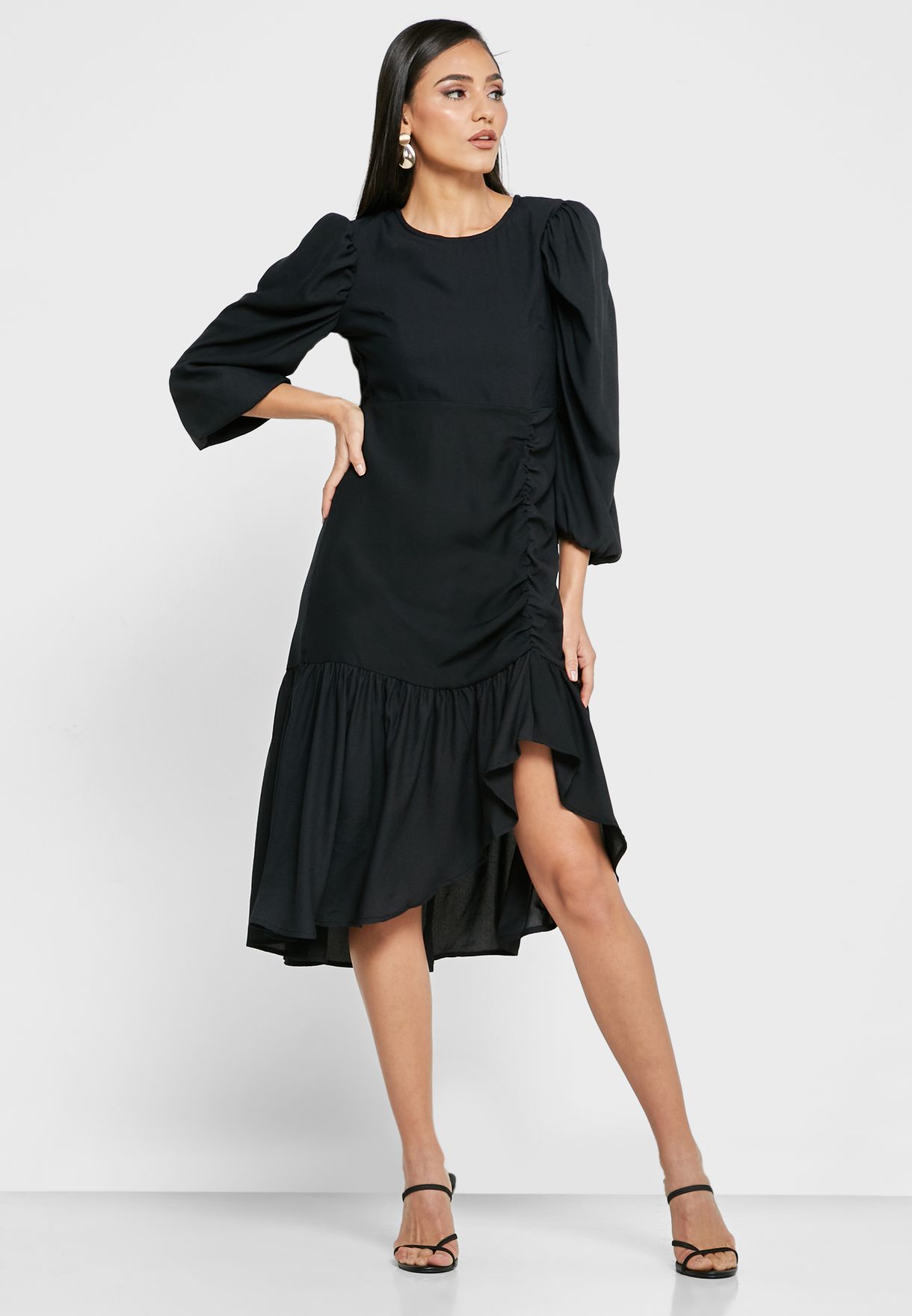 Buy Ella black Side Ruched Volume Sleeve Dress for Women in MENA, Worldwide