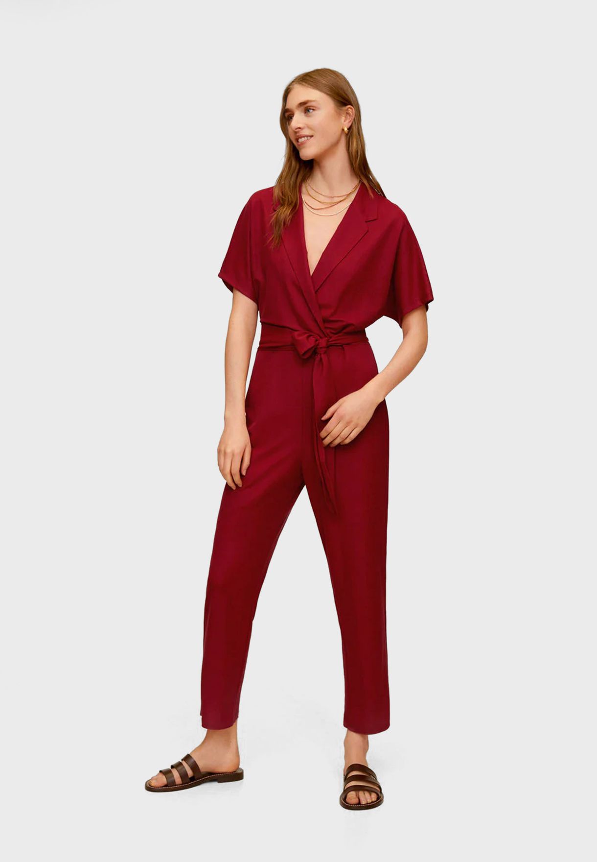 red tie waist jumpsuit