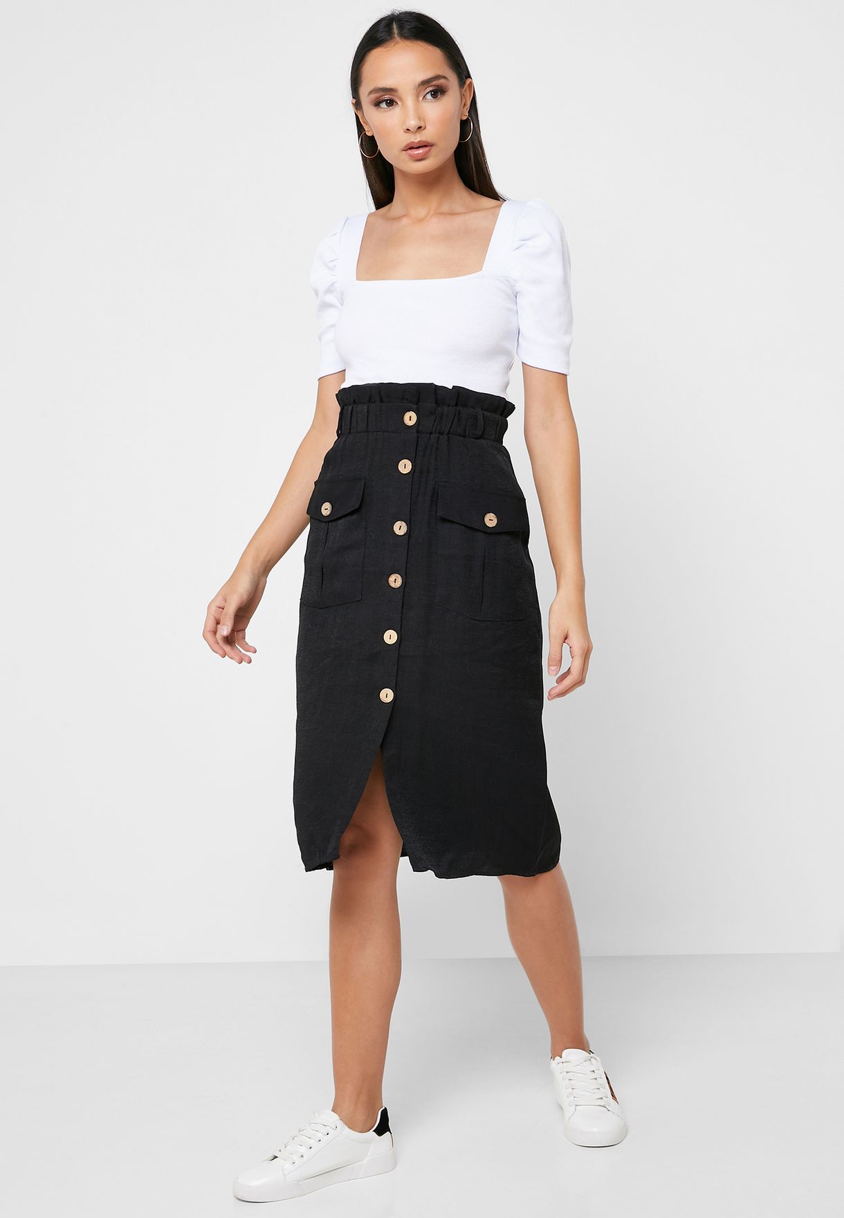 black button down midi skirt