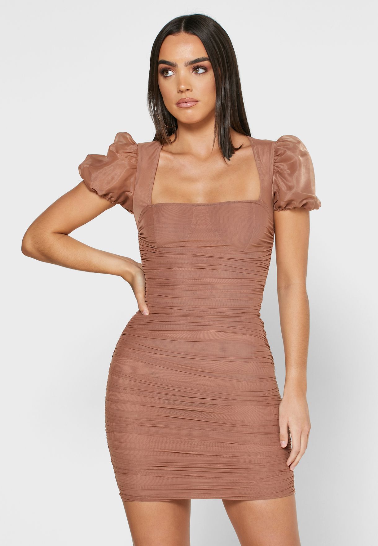 Buy Missguided brown Puff Sleeve Ruched ...