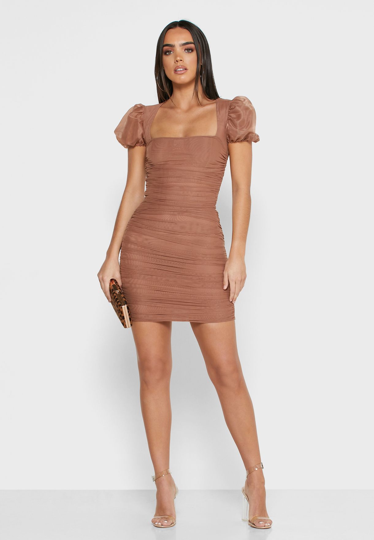 Buy Missguided brown Puff Sleeve Ruched ...
