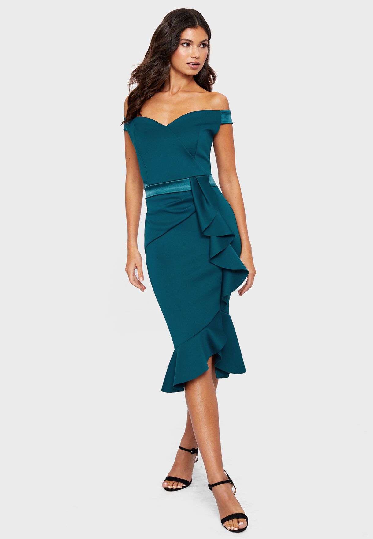 lipsy teal ruffle bardot bodycon dress