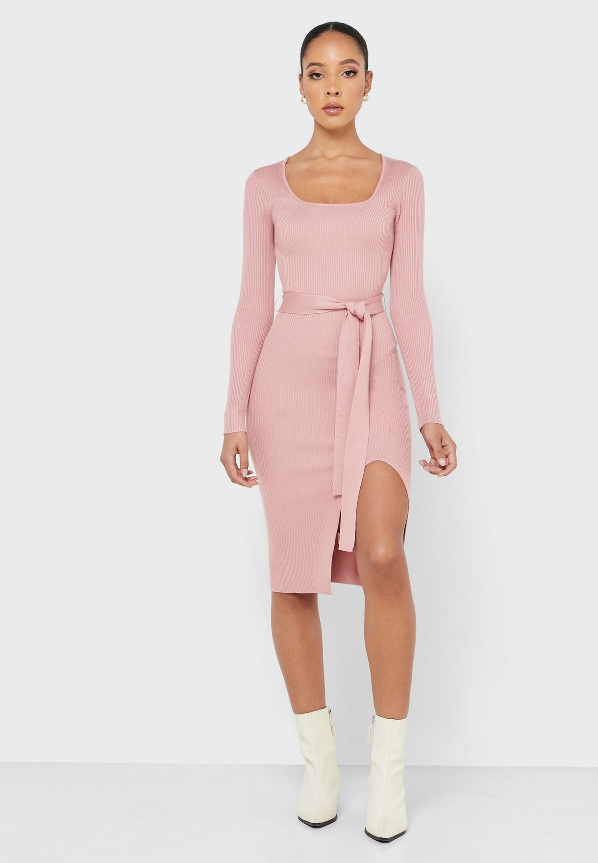 Missguided pink Ribbed Tie Waist Dress ...