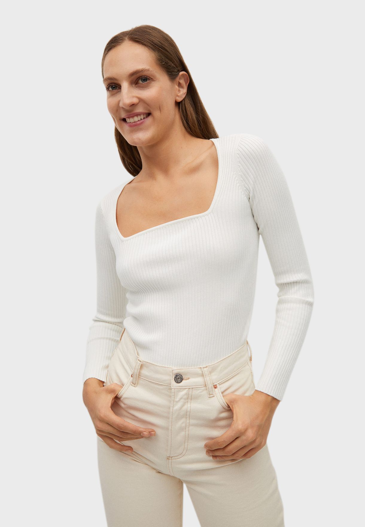 white square neck sweater