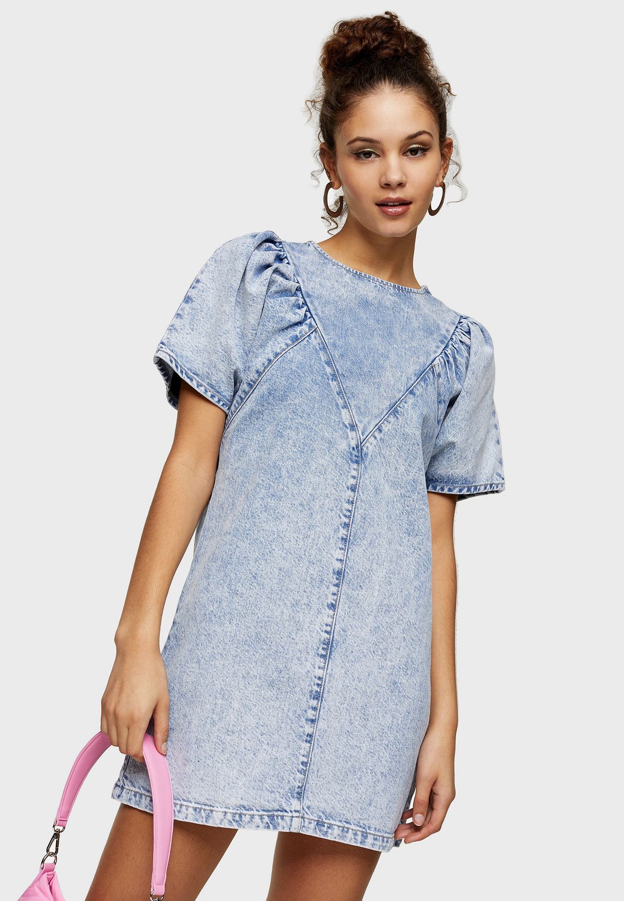 denim dress with puff sleeves