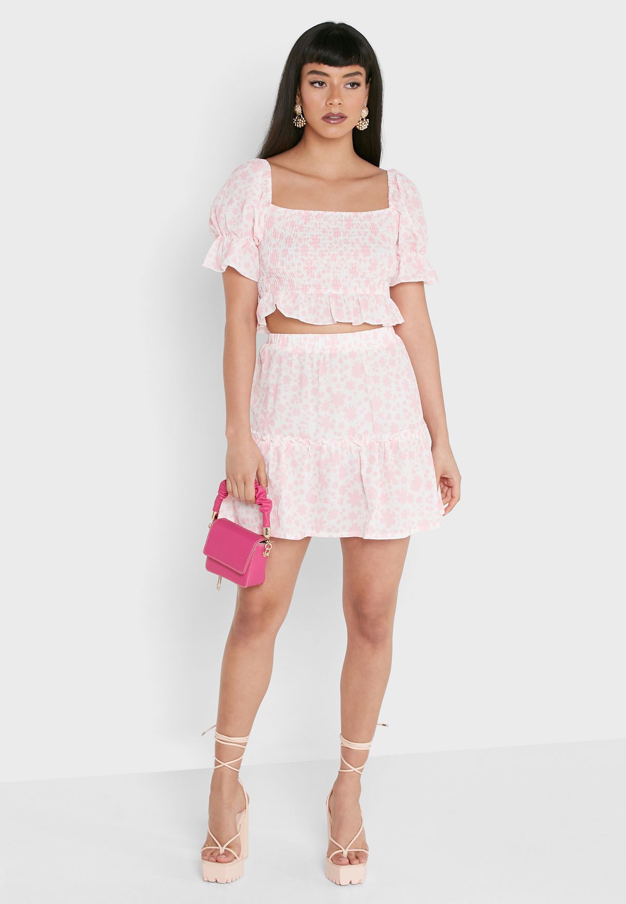 Buy Parisian Pink Floral Print Crop Top And Skirt Set For Women In Dubai Abu Dhabi