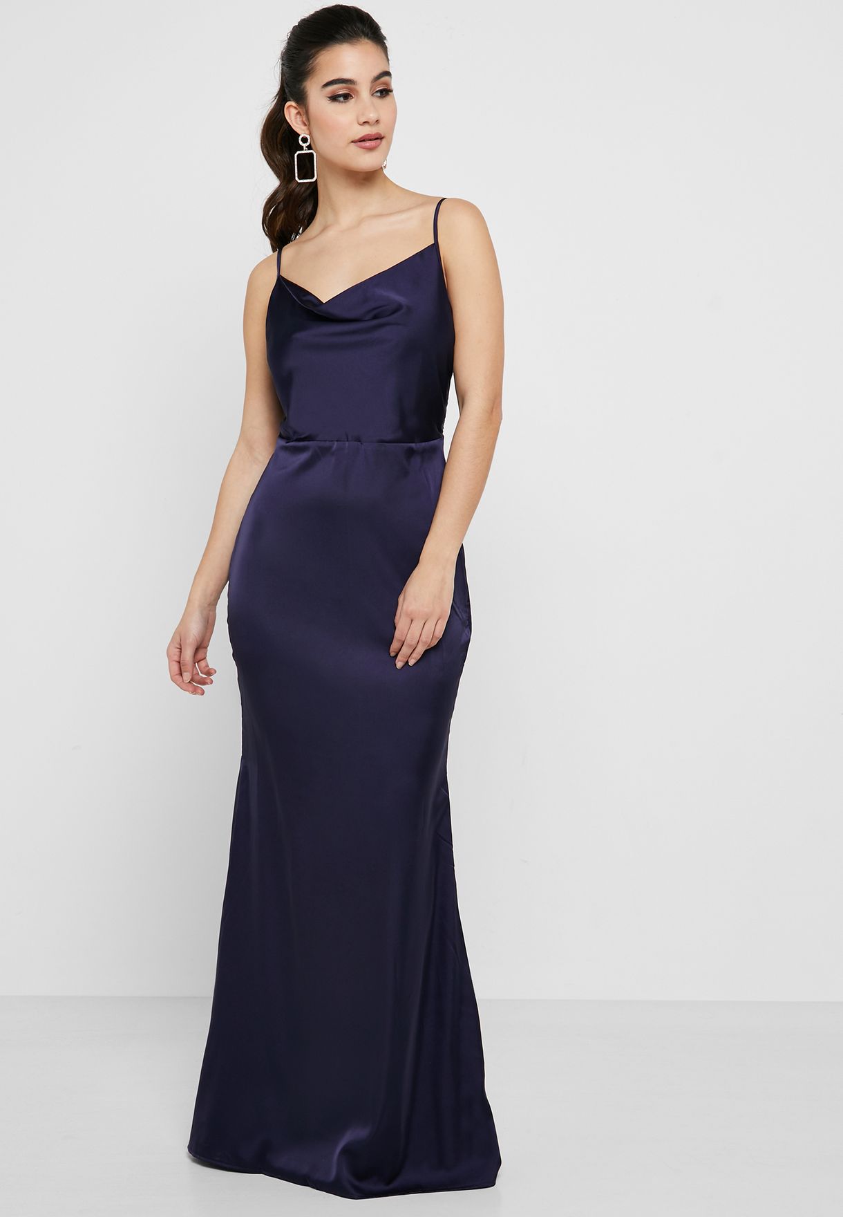 missguided satin cowl neck maxi slip dress in blue