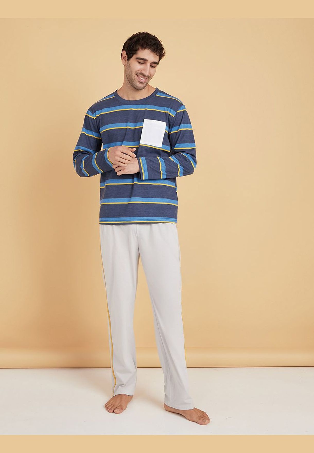 Long Sleeves Striped Regular Fit T-shirt and Lounge Pant Set 