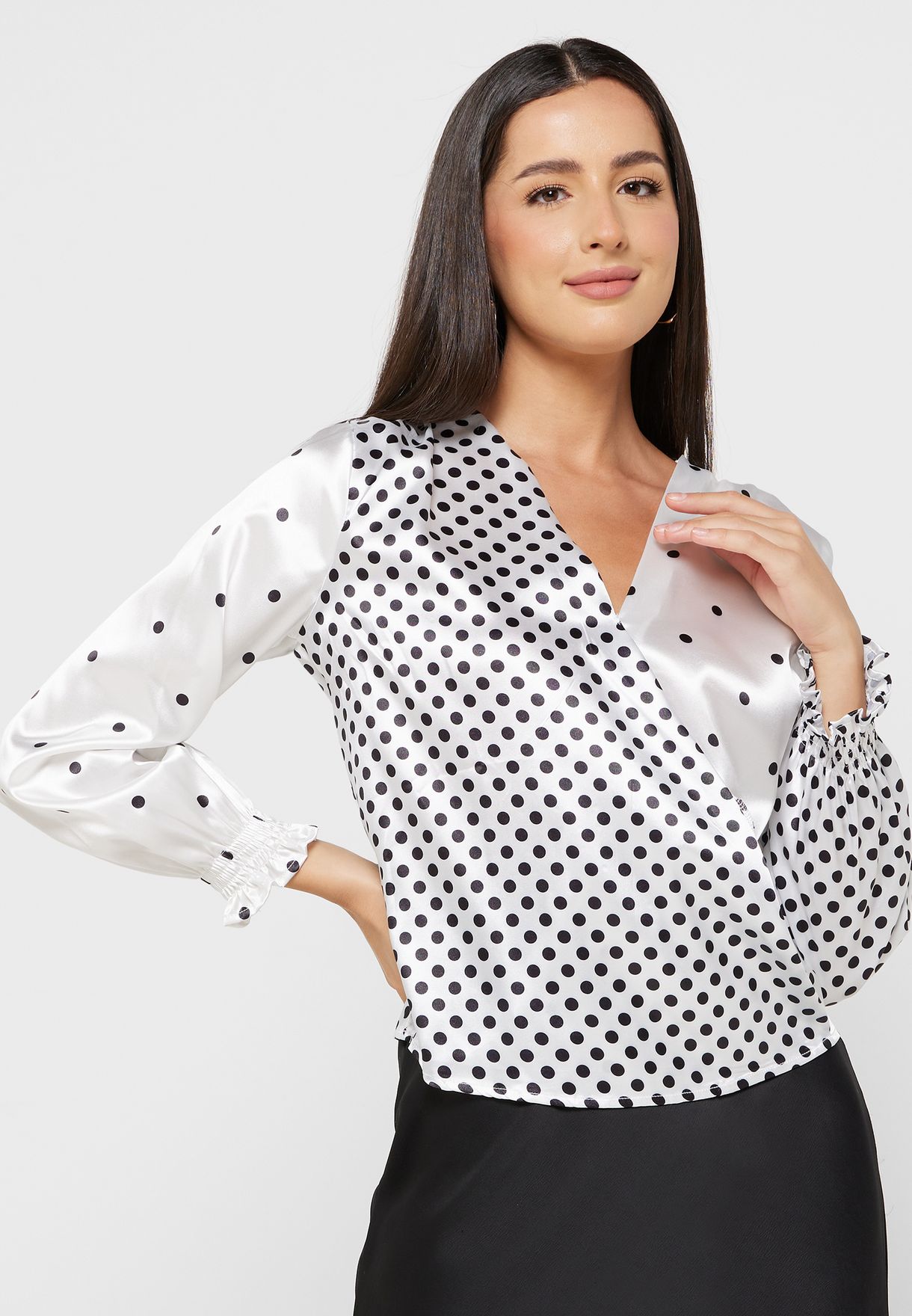 Buy Ella white Overlap Collar Detail Polka Dots Top for Women in Dubai ...