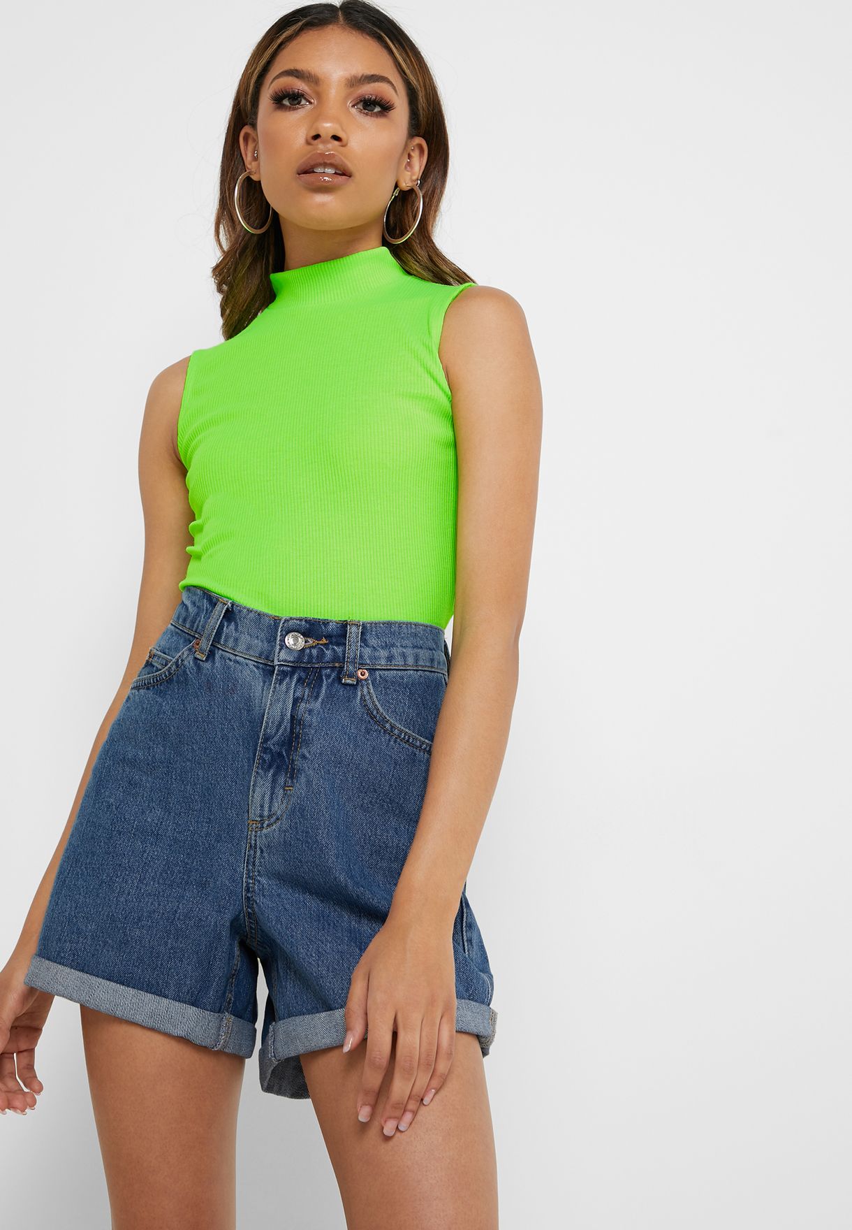 Buy Quiz neon Ribbed High Neck Top for 