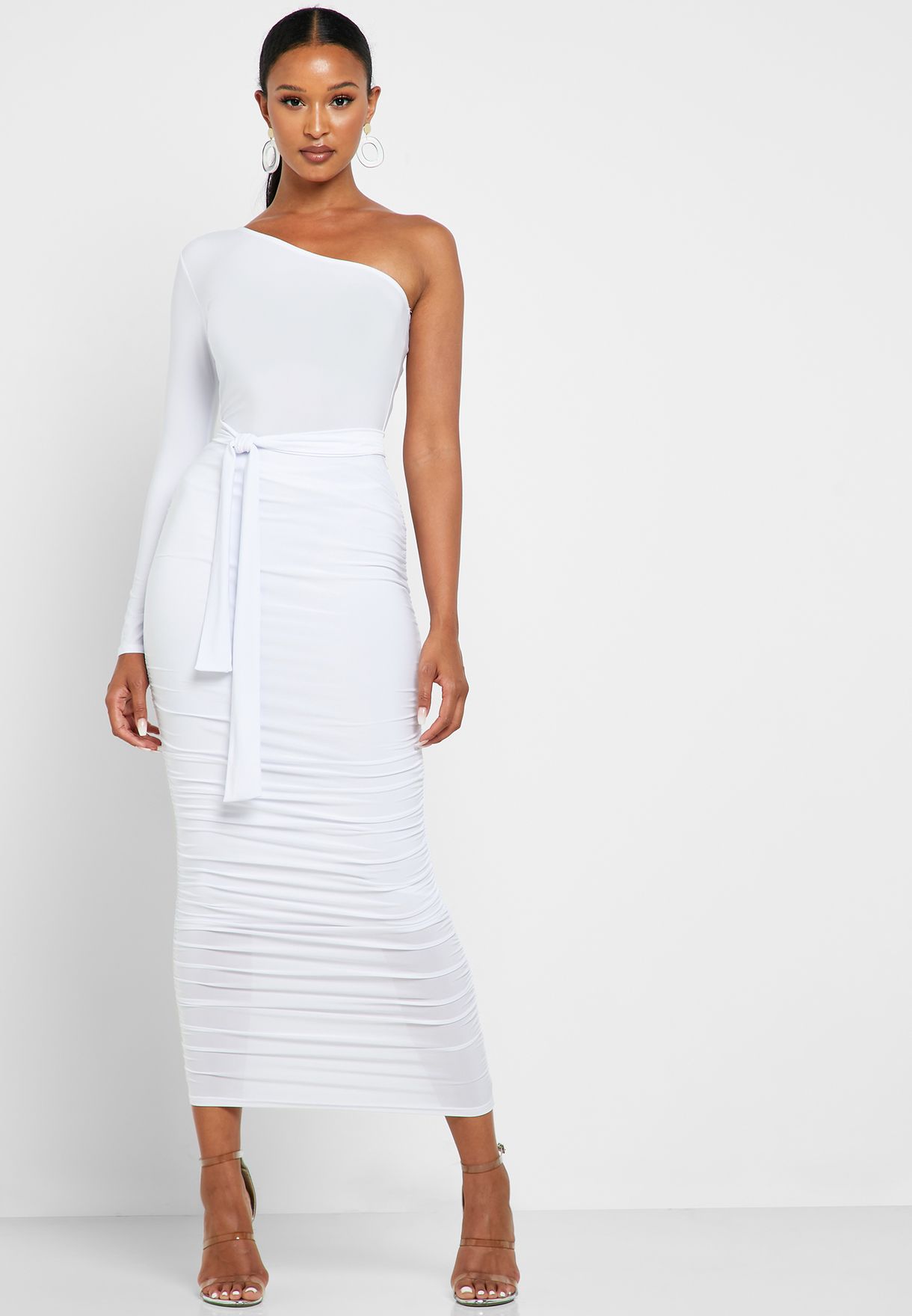 white one shoulder ruched dress