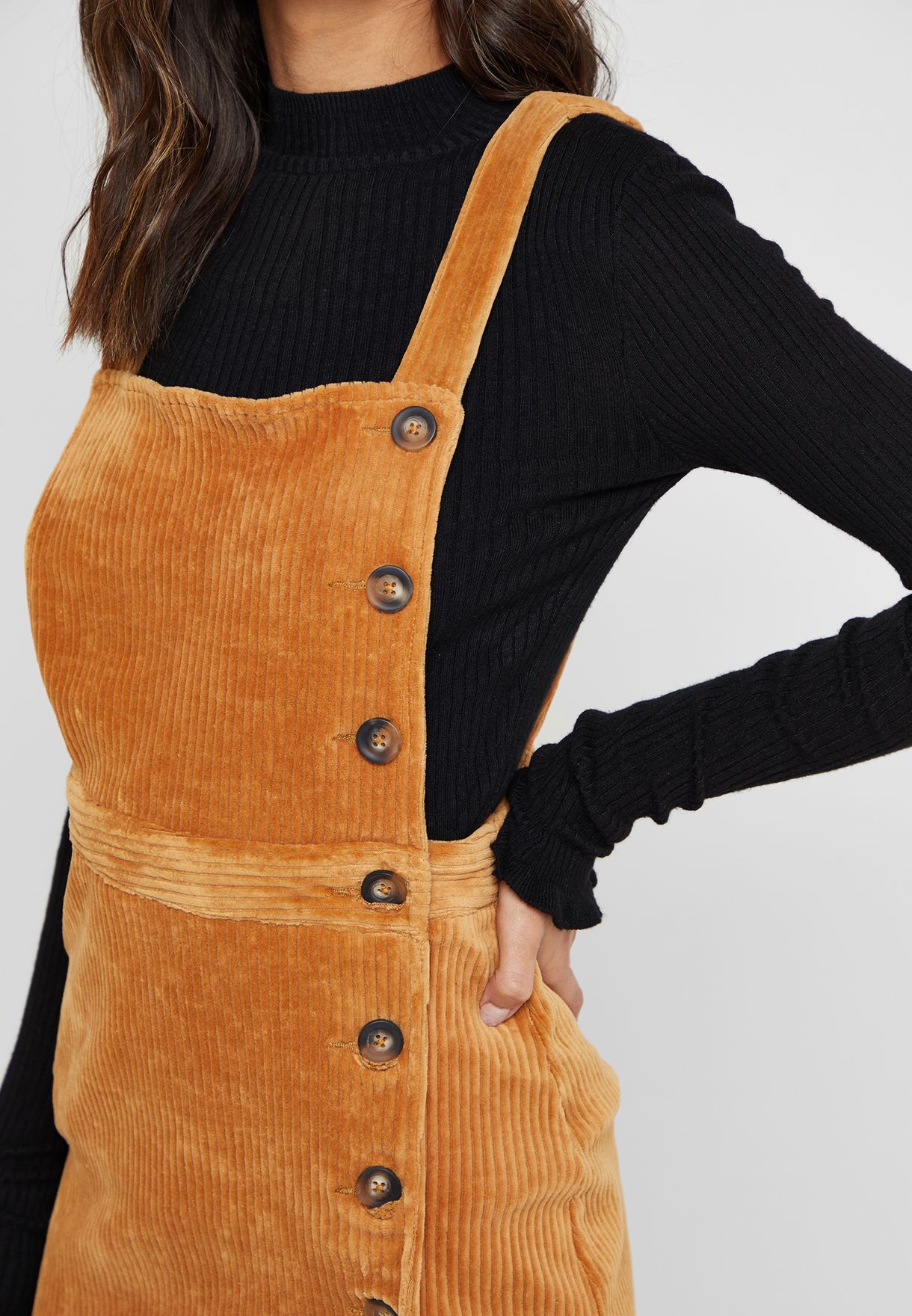 tan cord pinafore dress