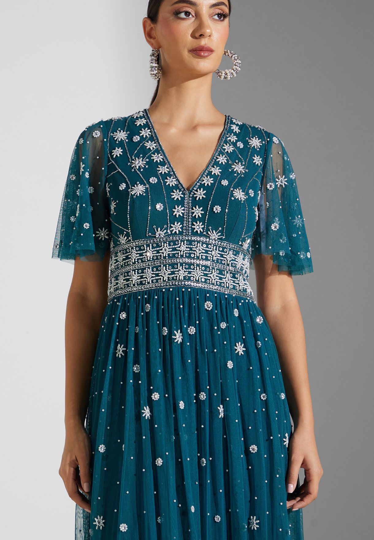 Mesh Detail Embellished Dress