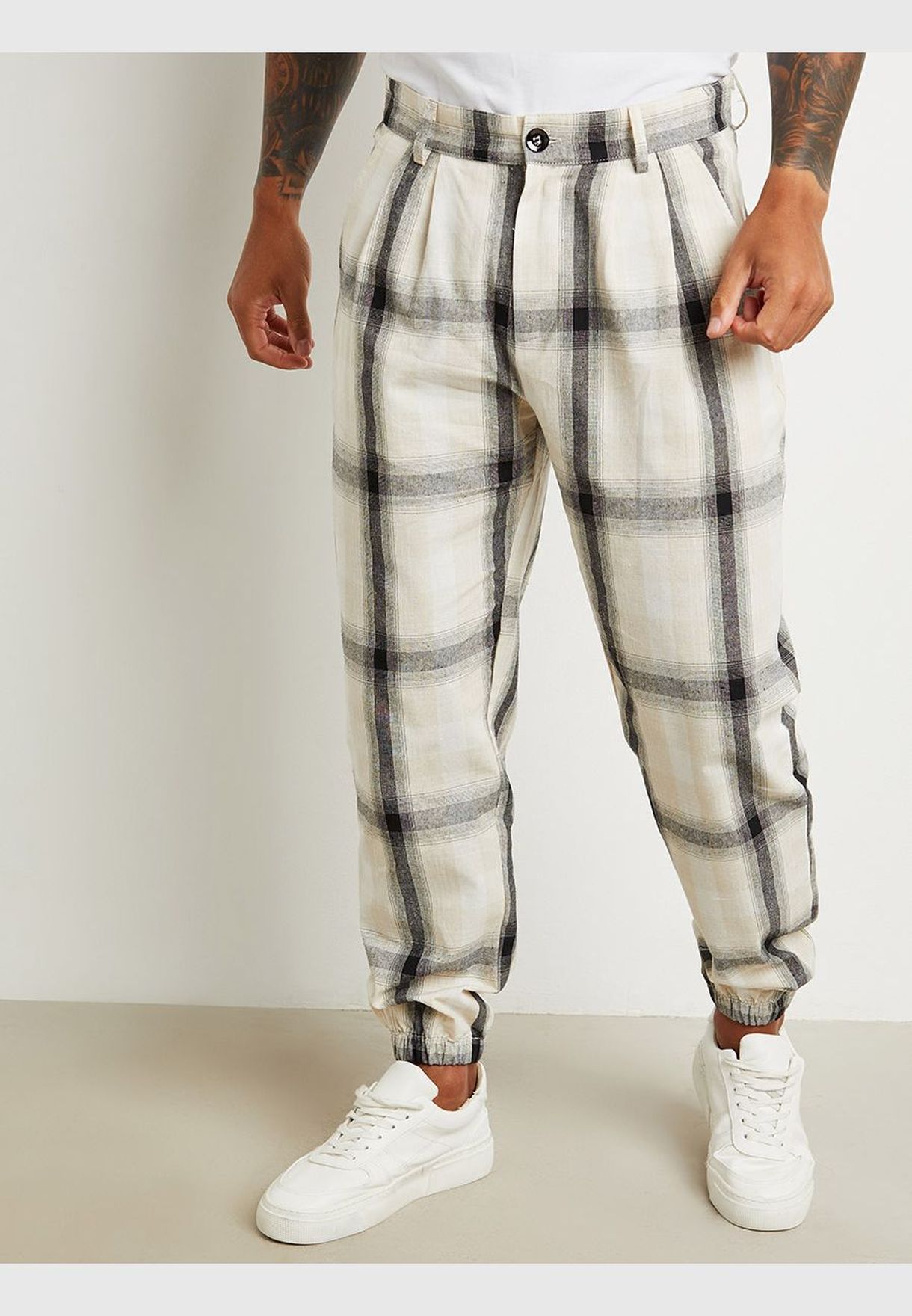 Checked Cuffed Sweatpants With Belt Loops