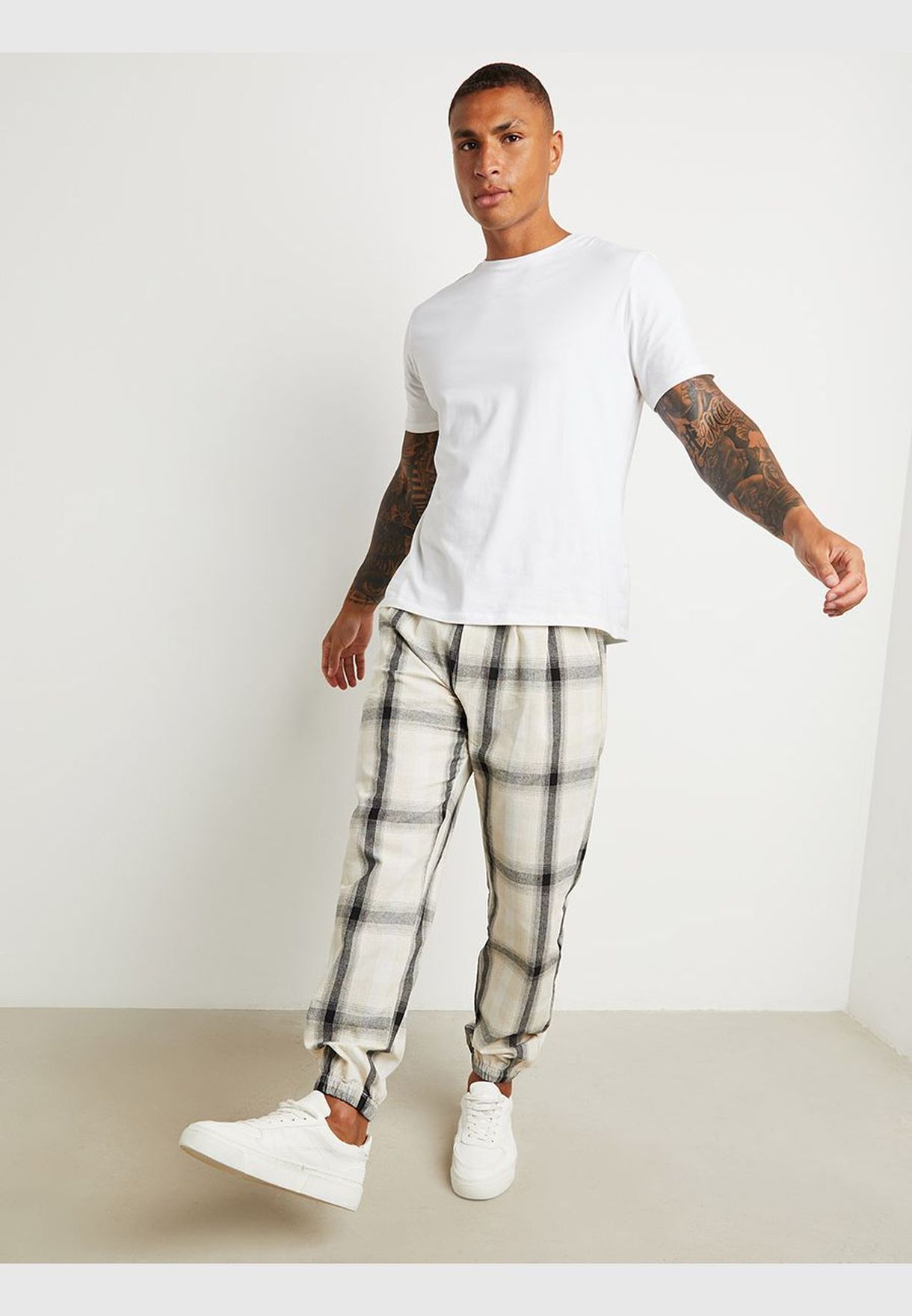 Checked Cuffed Sweatpants With Belt Loops