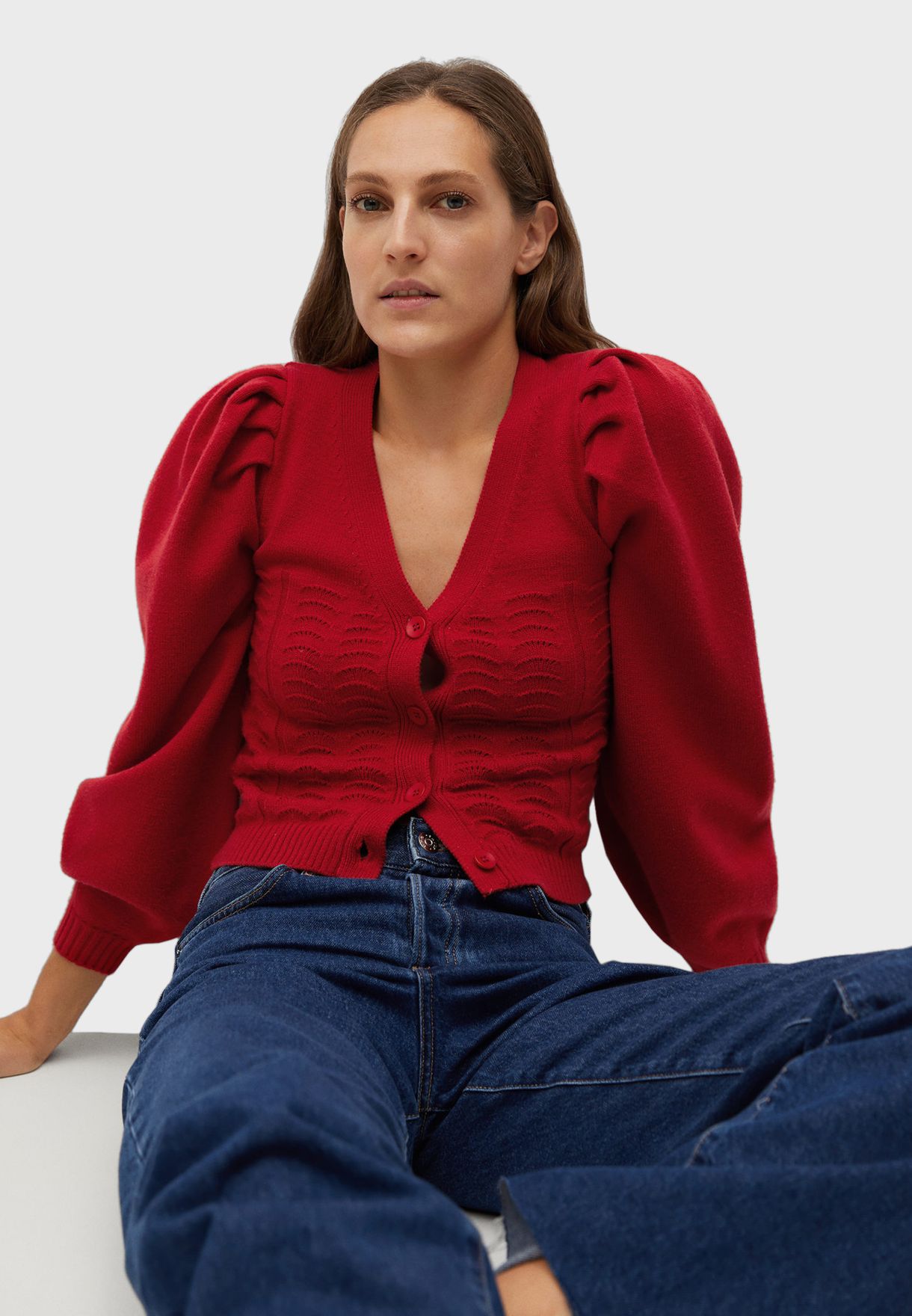 mango red cable knit cardigan