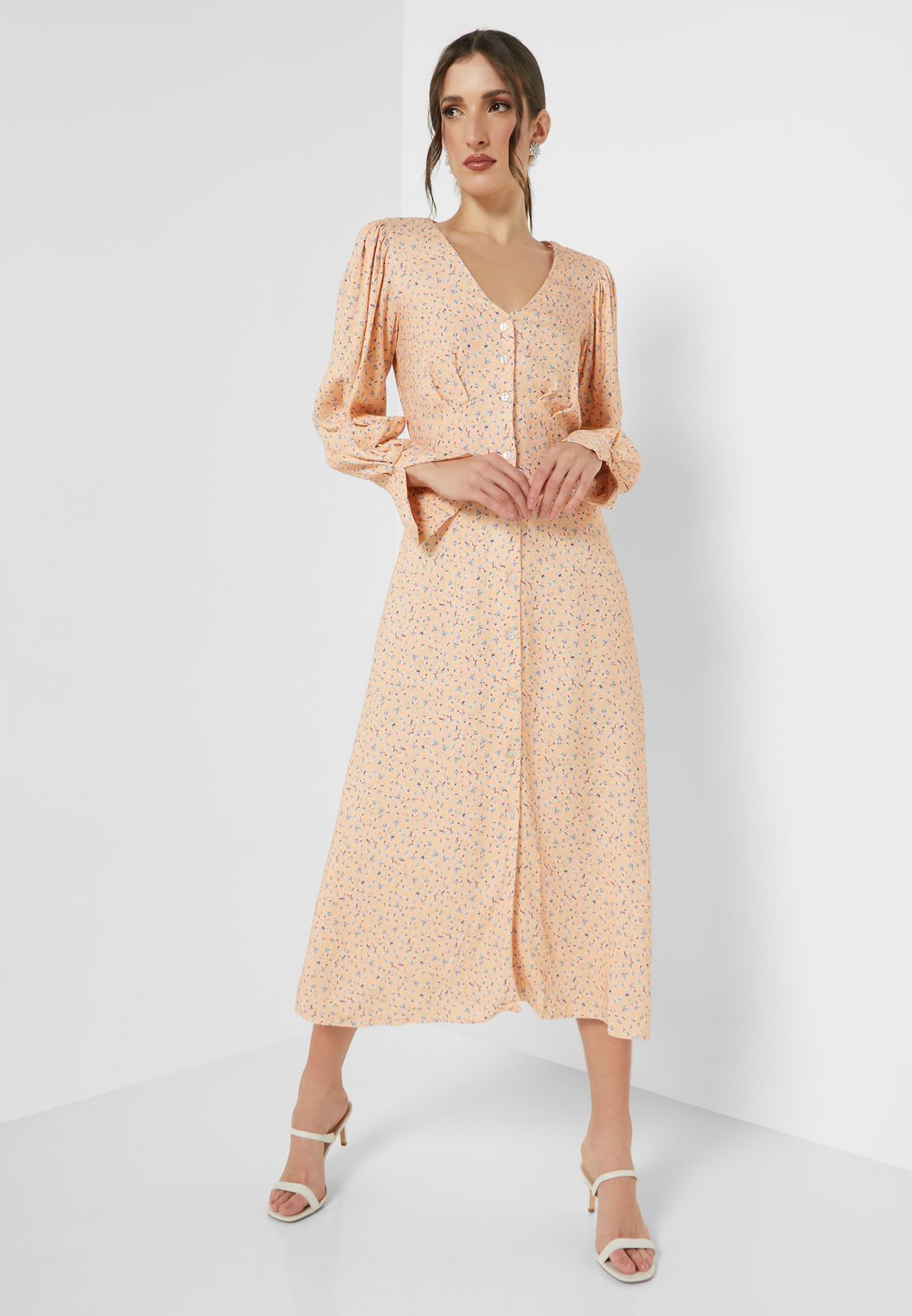 V-Neck Button Detail Printed Dress