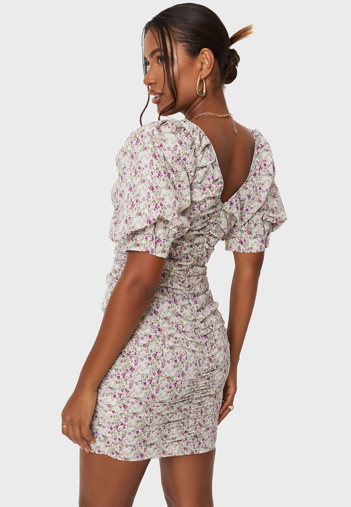 Floral Print Puff Sleeves Ruched Dress