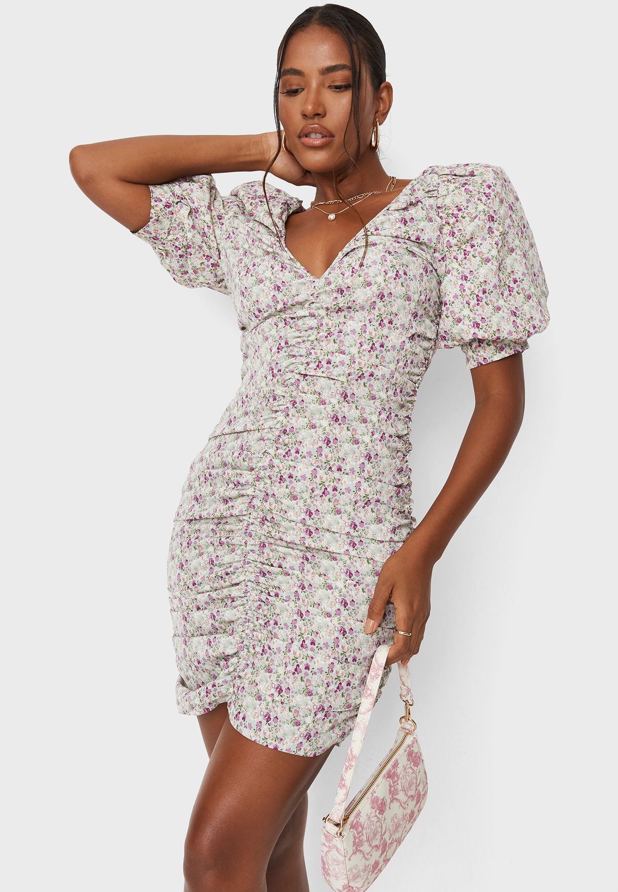 Floral Print Puff Sleeves Ruched Dress