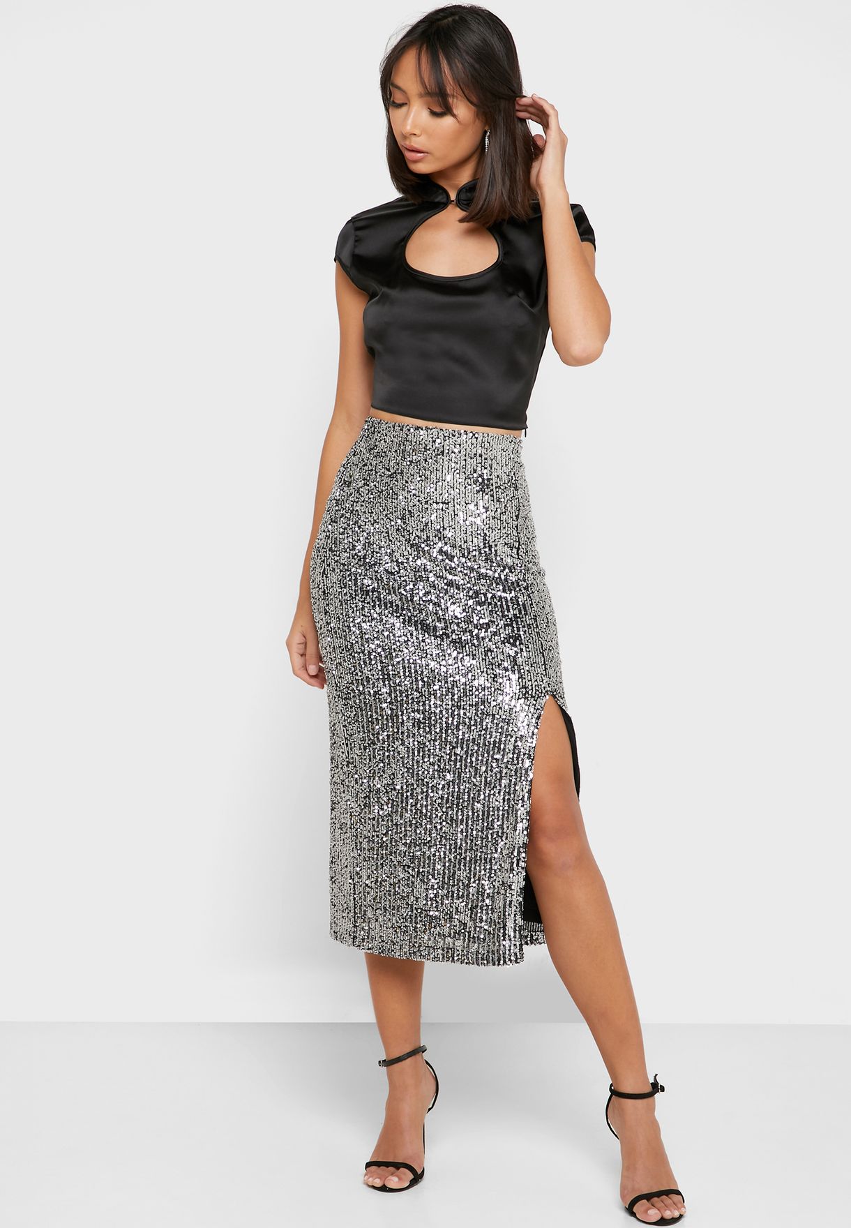Topshop silver Sequin Detail Midi Skirt ...