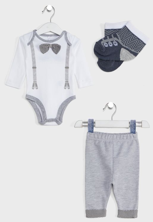 Infant Chevron Bowtie Bodysuit + Trouser And Sock Set