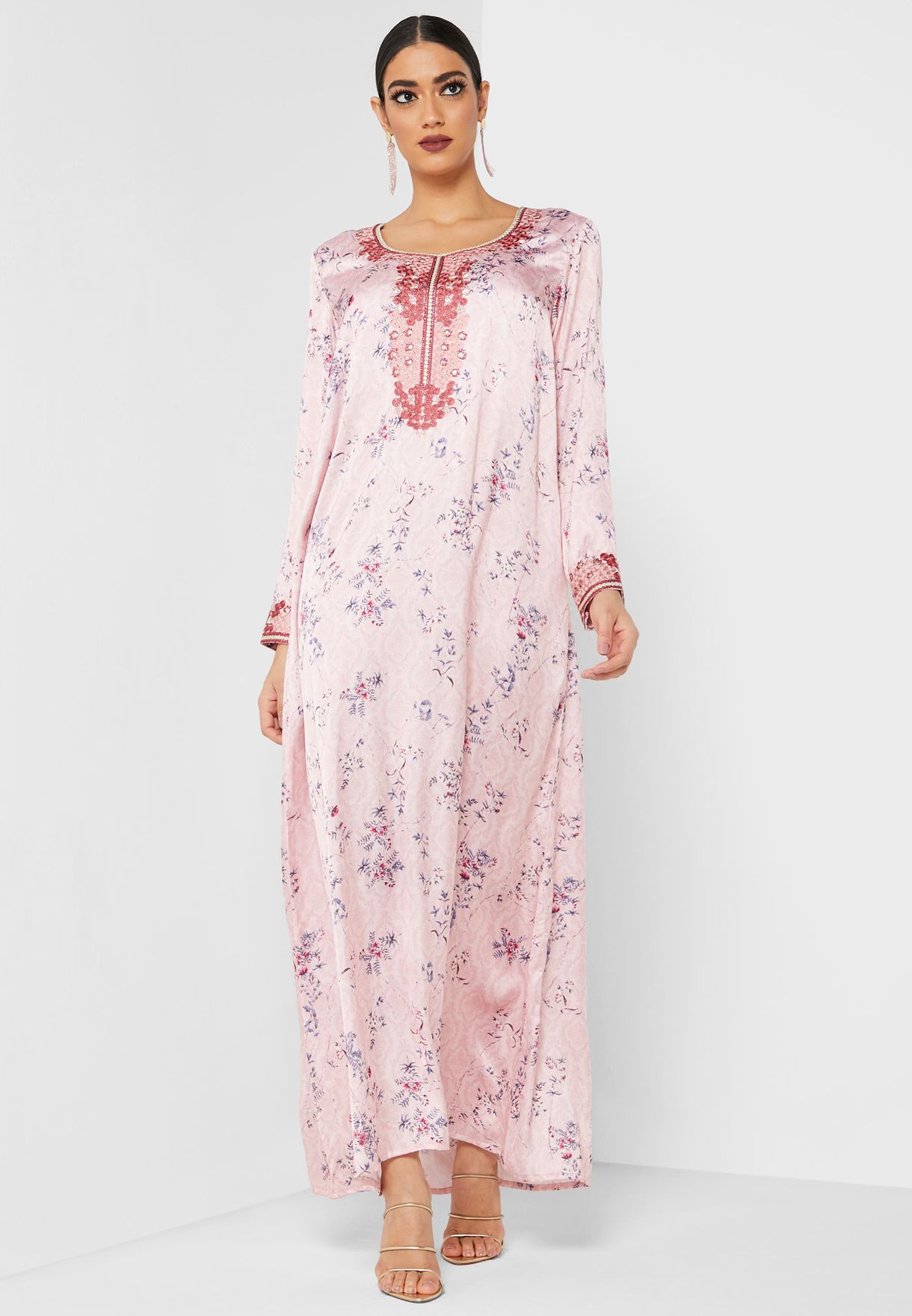 Buy Kashkha pink Floral Print Satin Mukhawar Jalabiya for Women in MENA ...