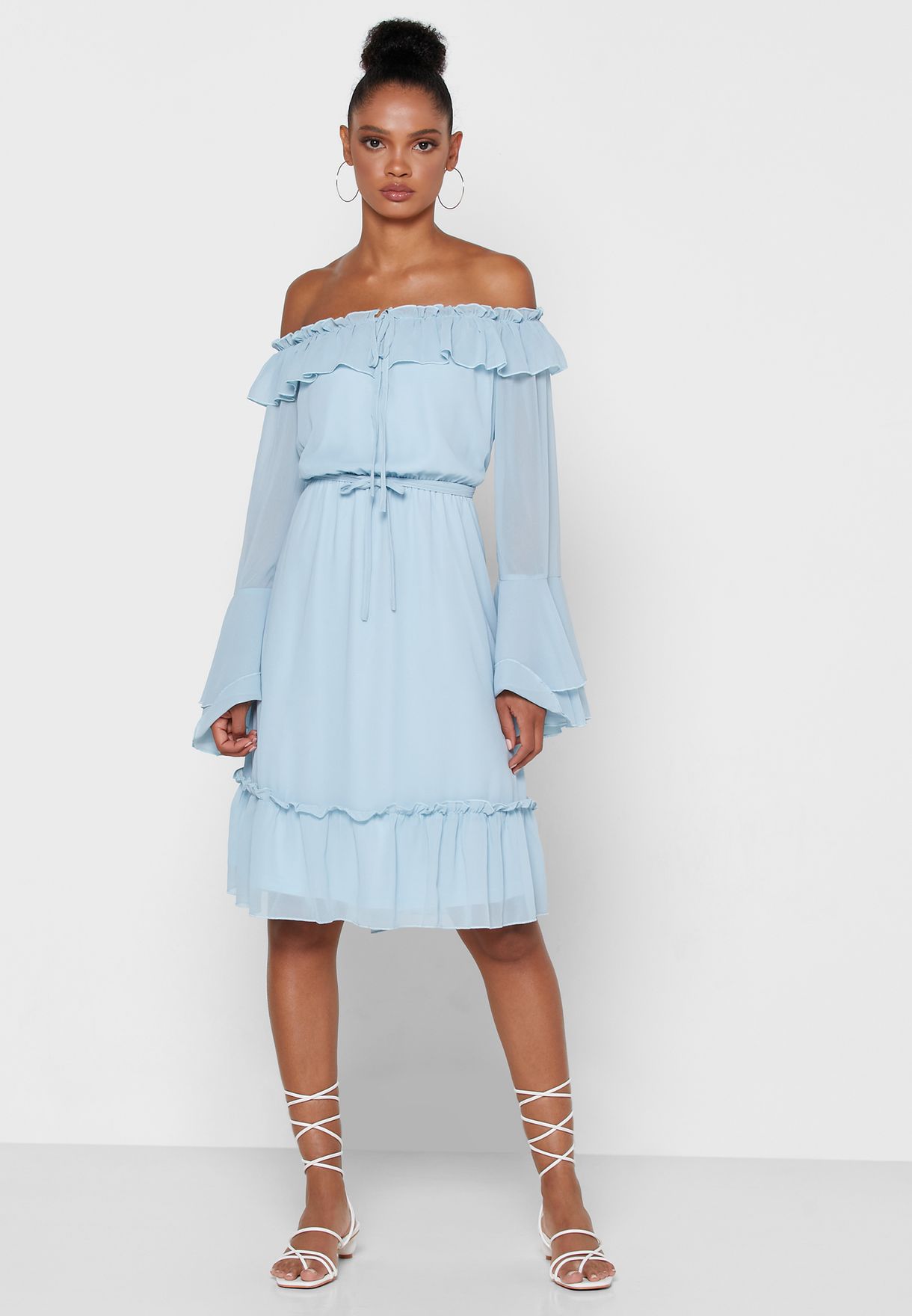 ruffle bardot mini dress