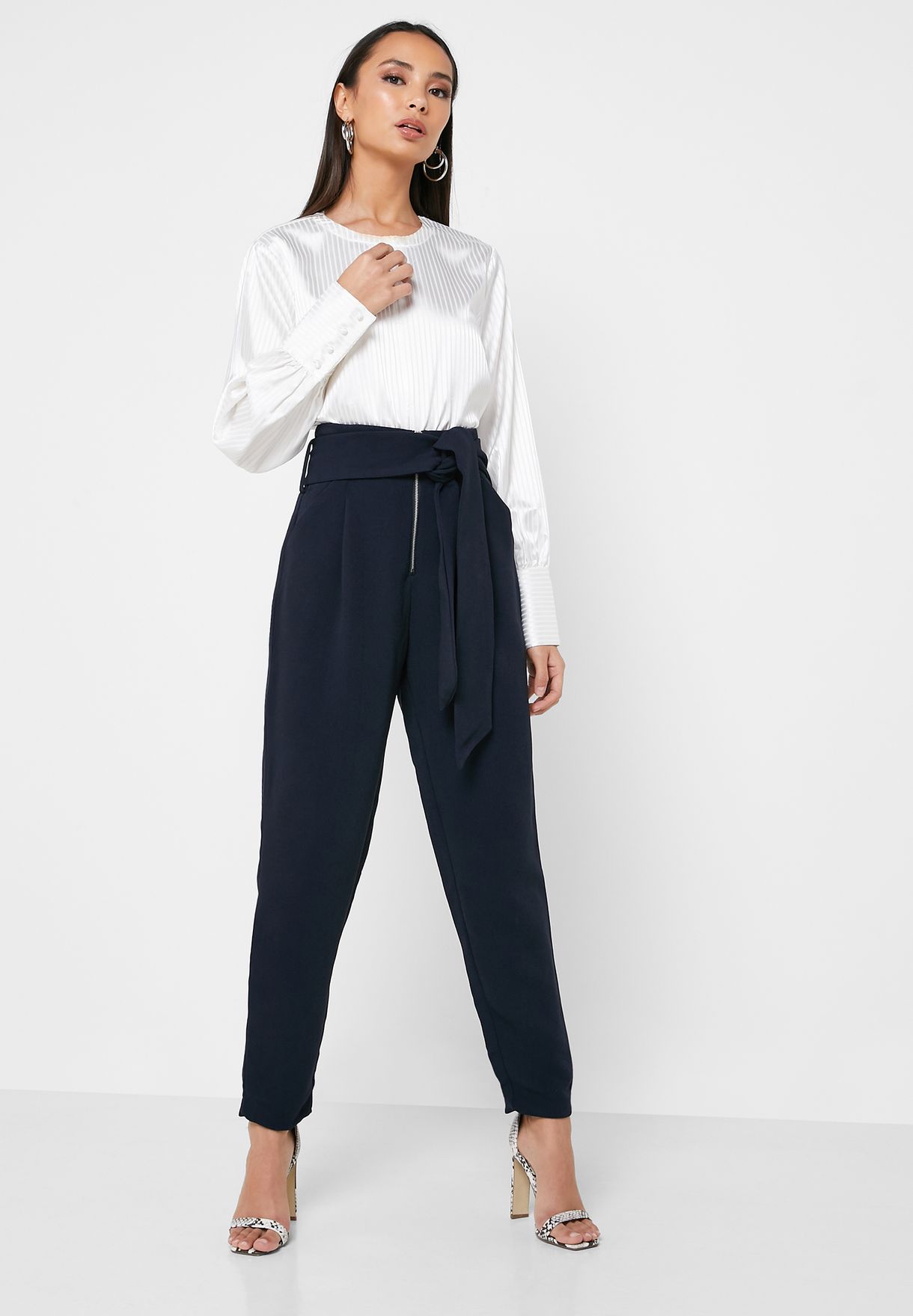 Download Buy Lost Ink Navy Tie Waist Zip Front Pants for Women in ...