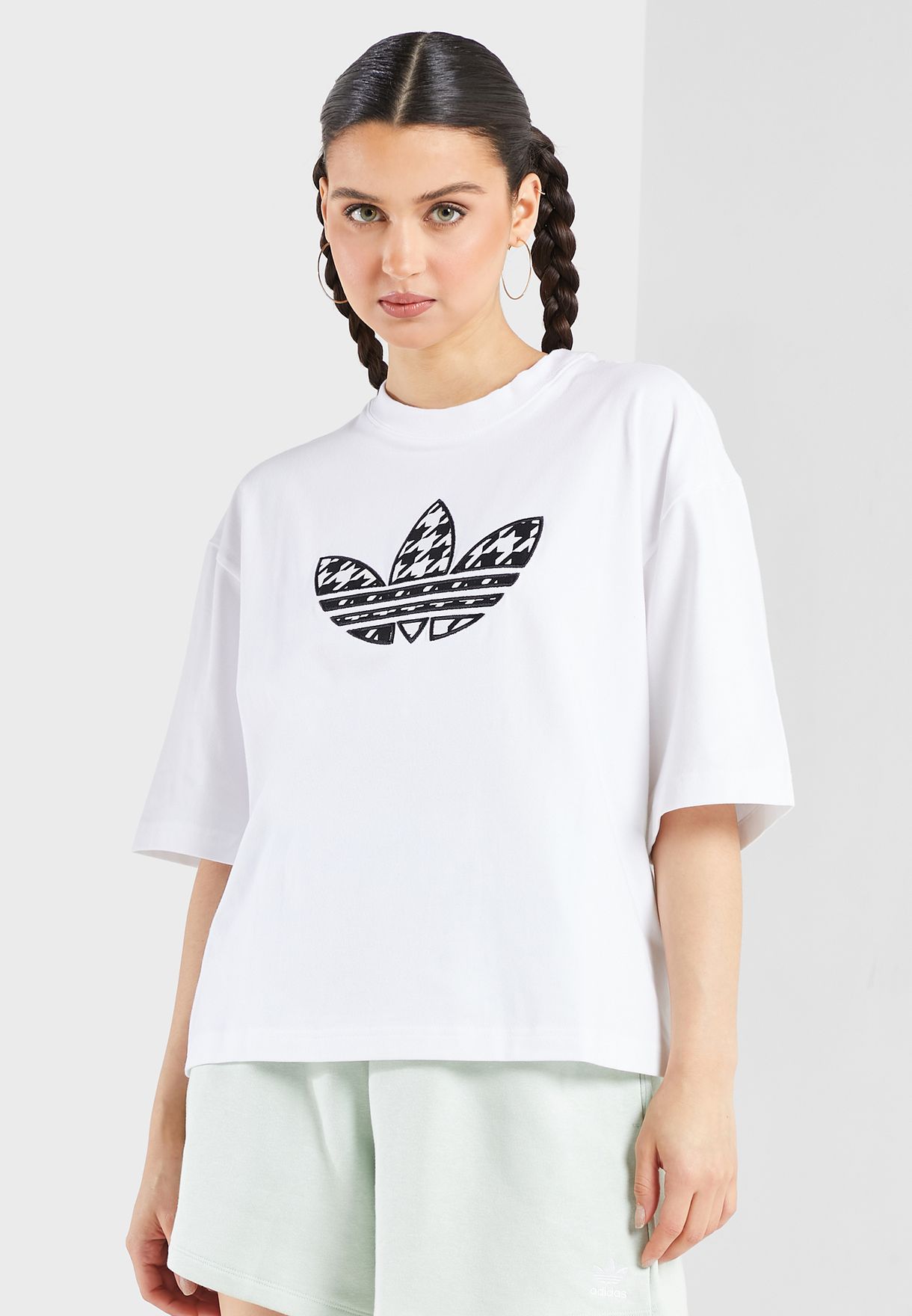 Buy adidas Originals white Houndstooth Trefoil Infill T-Shirt for Women ...