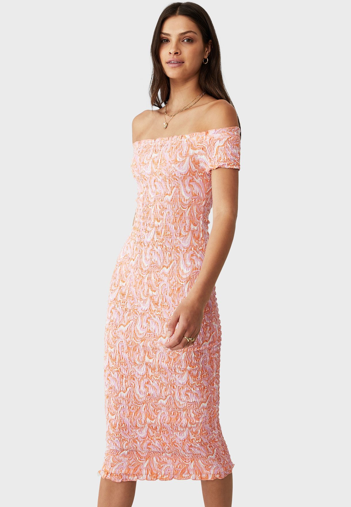 Poppy Shirred Midi Bardot Dress
