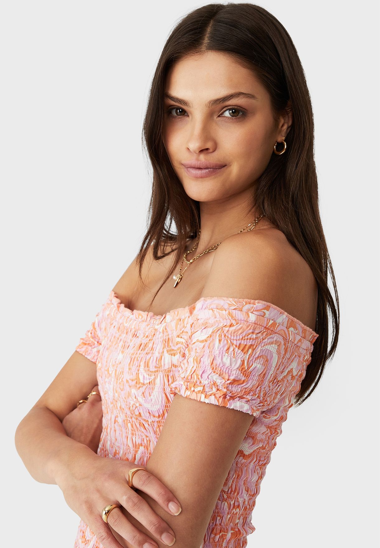 Poppy Shirred Midi Bardot Dress
