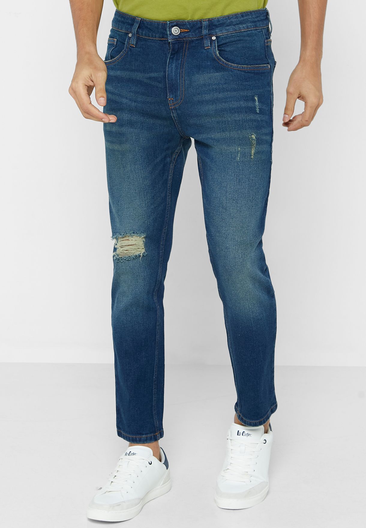 Tapered Cropped Fit Rip Detail Jean