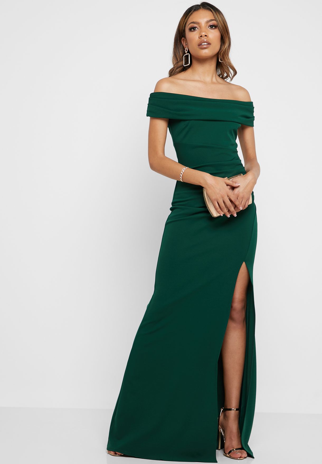 Buy Quiz green Bardot Ruched Fishtail Maxi Dress for Women in Manama, Riffa