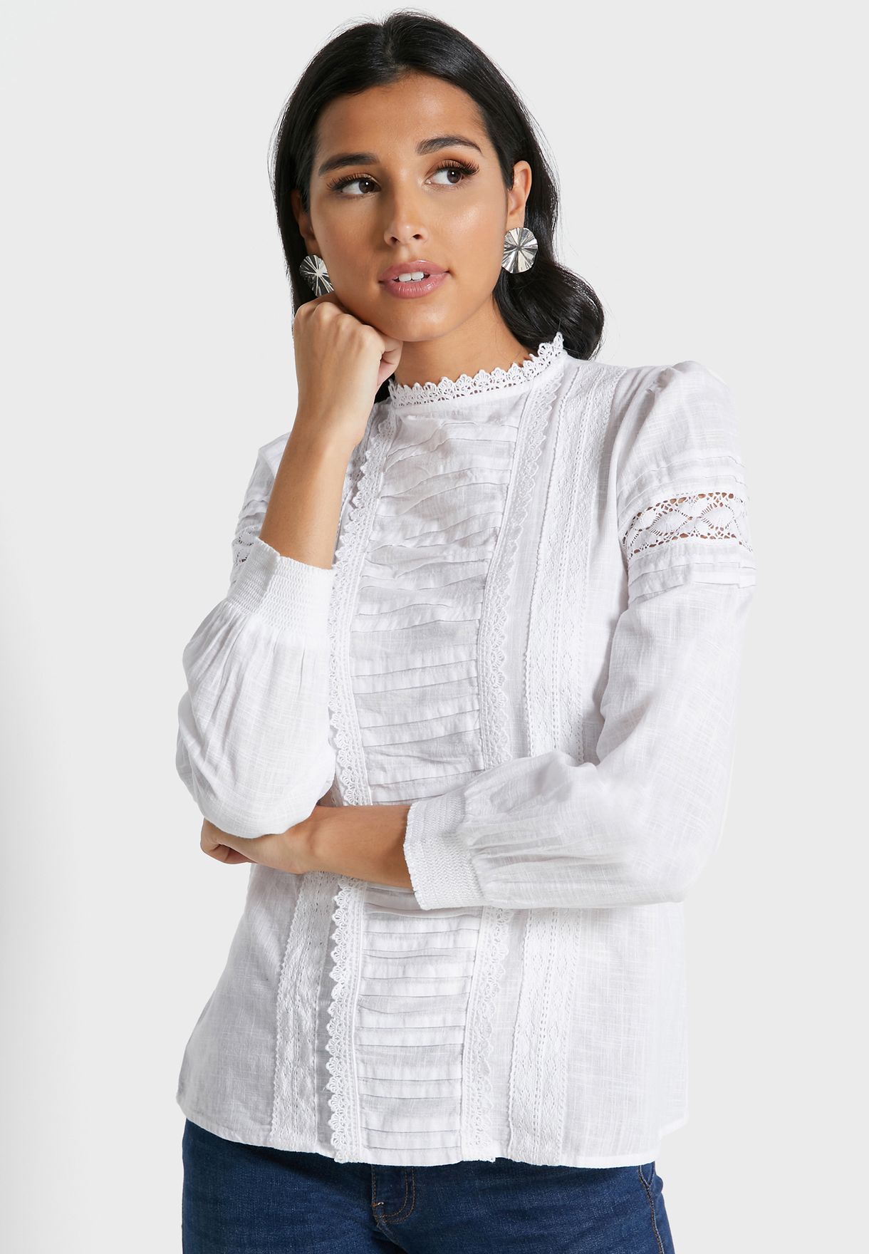 high neck lace blouse white