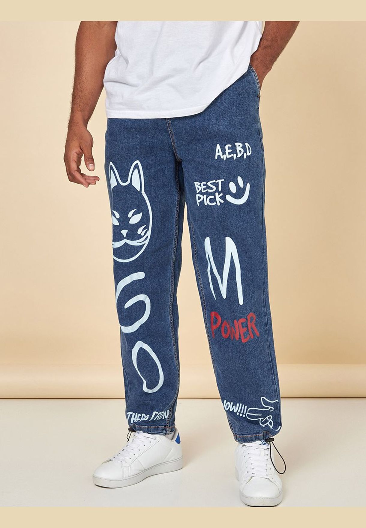 Grafitti Print Baggy Fit Mid Wash Jeans