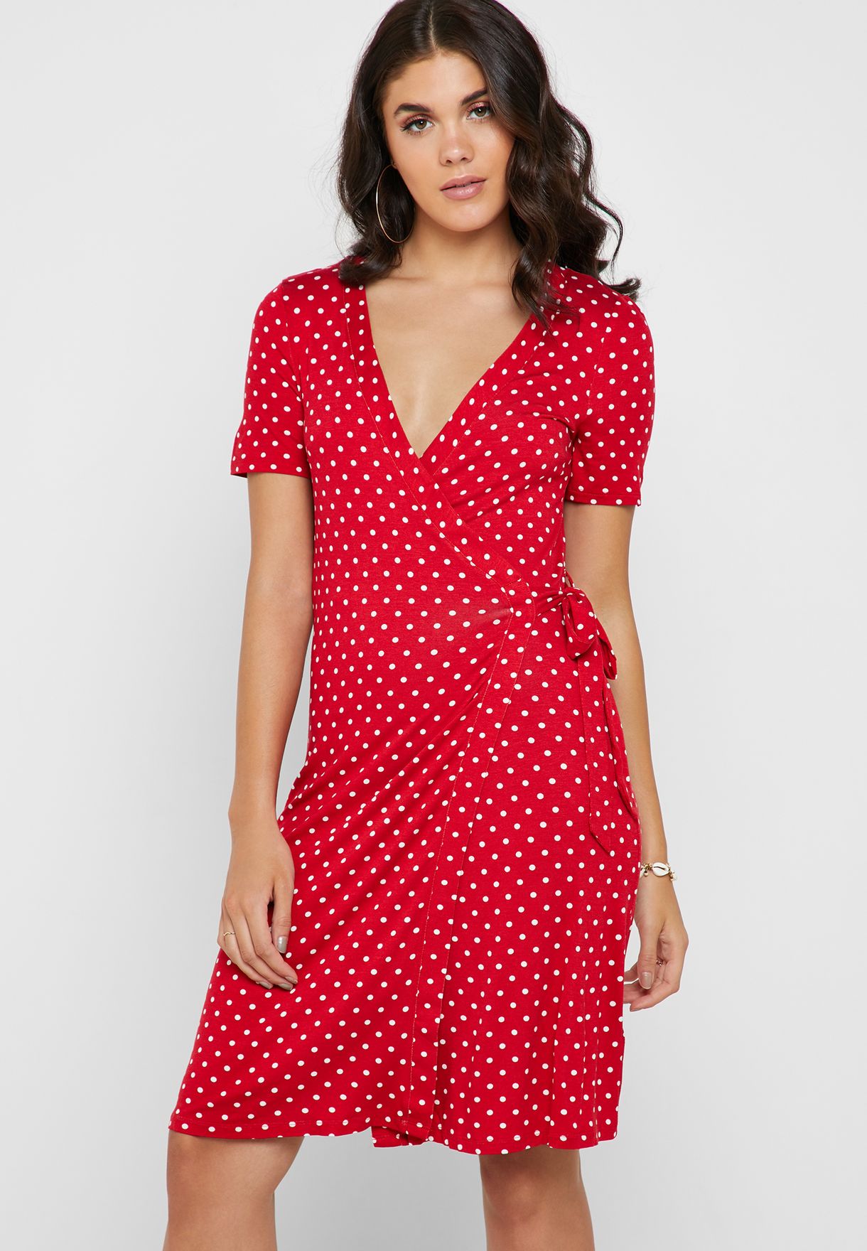 red dot wrap dress