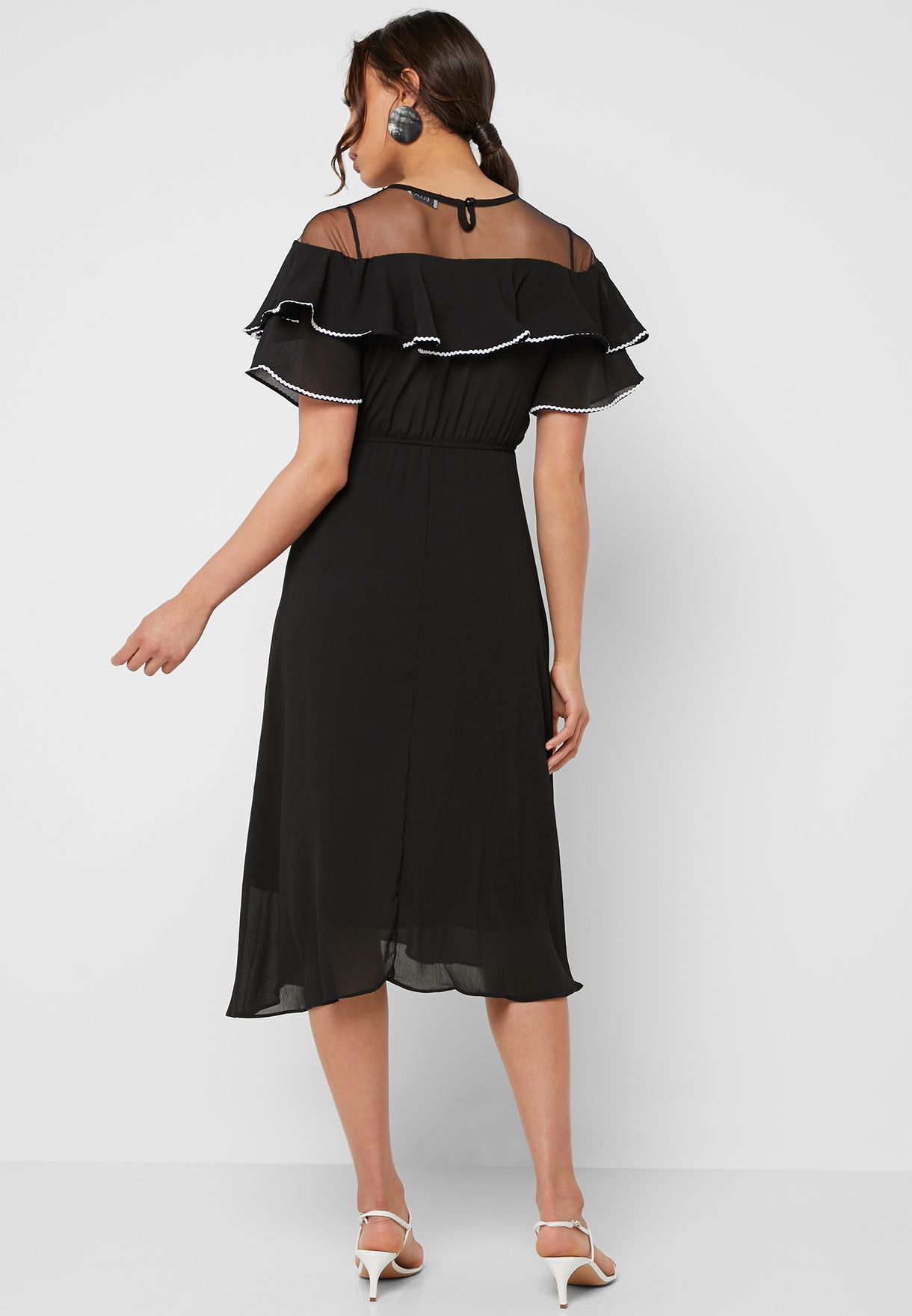 Buy Ella black Sheer Yoke Ruffle Midi Dress for Women in MENA, Worldwide