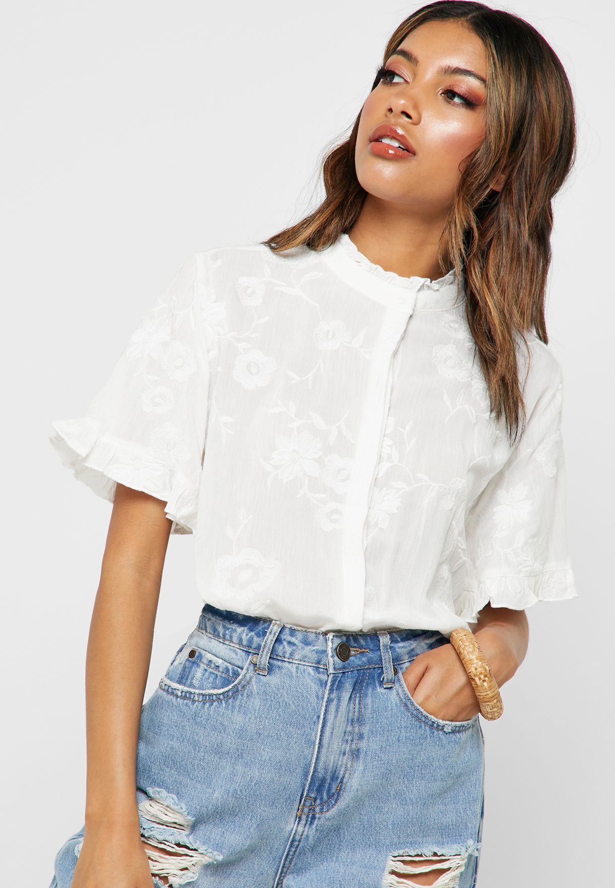 white high neck short sleeve top