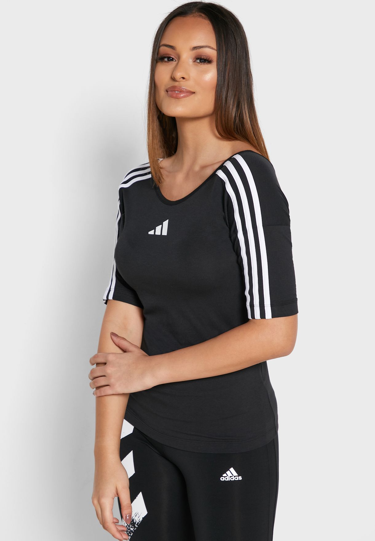 adidas training open back short sleeve top in black