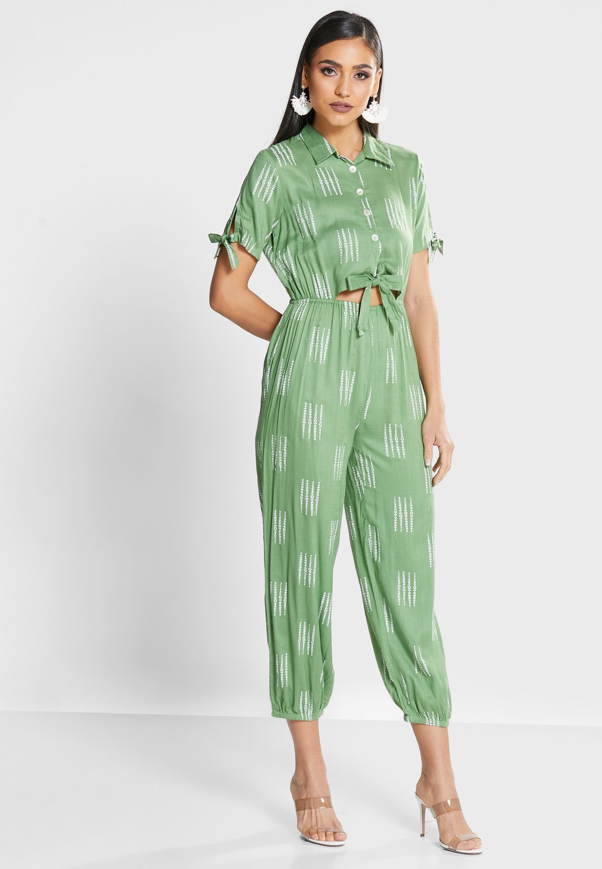 Buy Earthen by Indya green Printed Knot Detail Jumpsuit for Women in ...