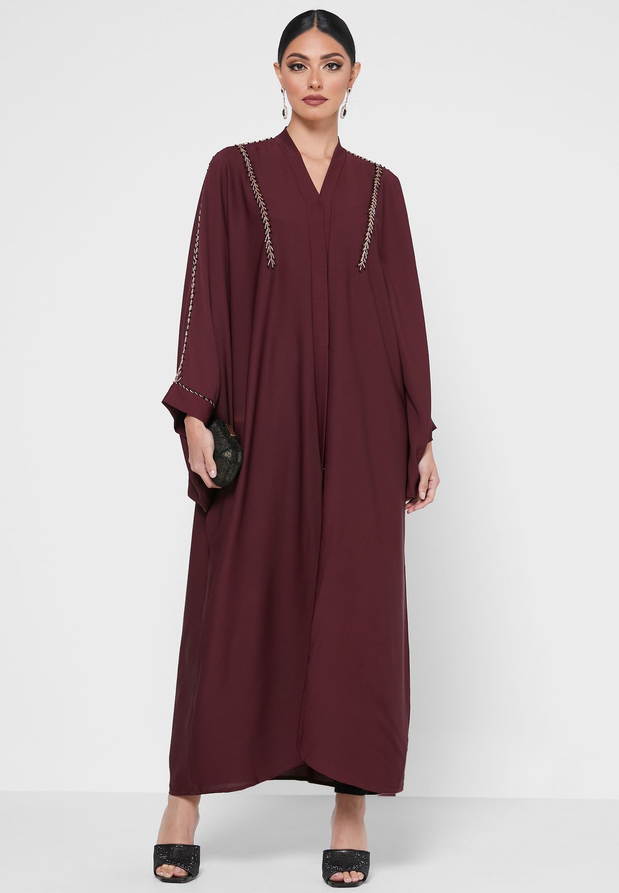 Buy Khizana burgundy Embroidered Detail Abaya for Women in Dubai, Abu Dhabi