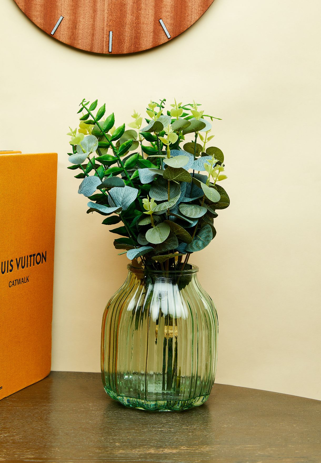 Faux Greenery In Coloured Glass Vase
