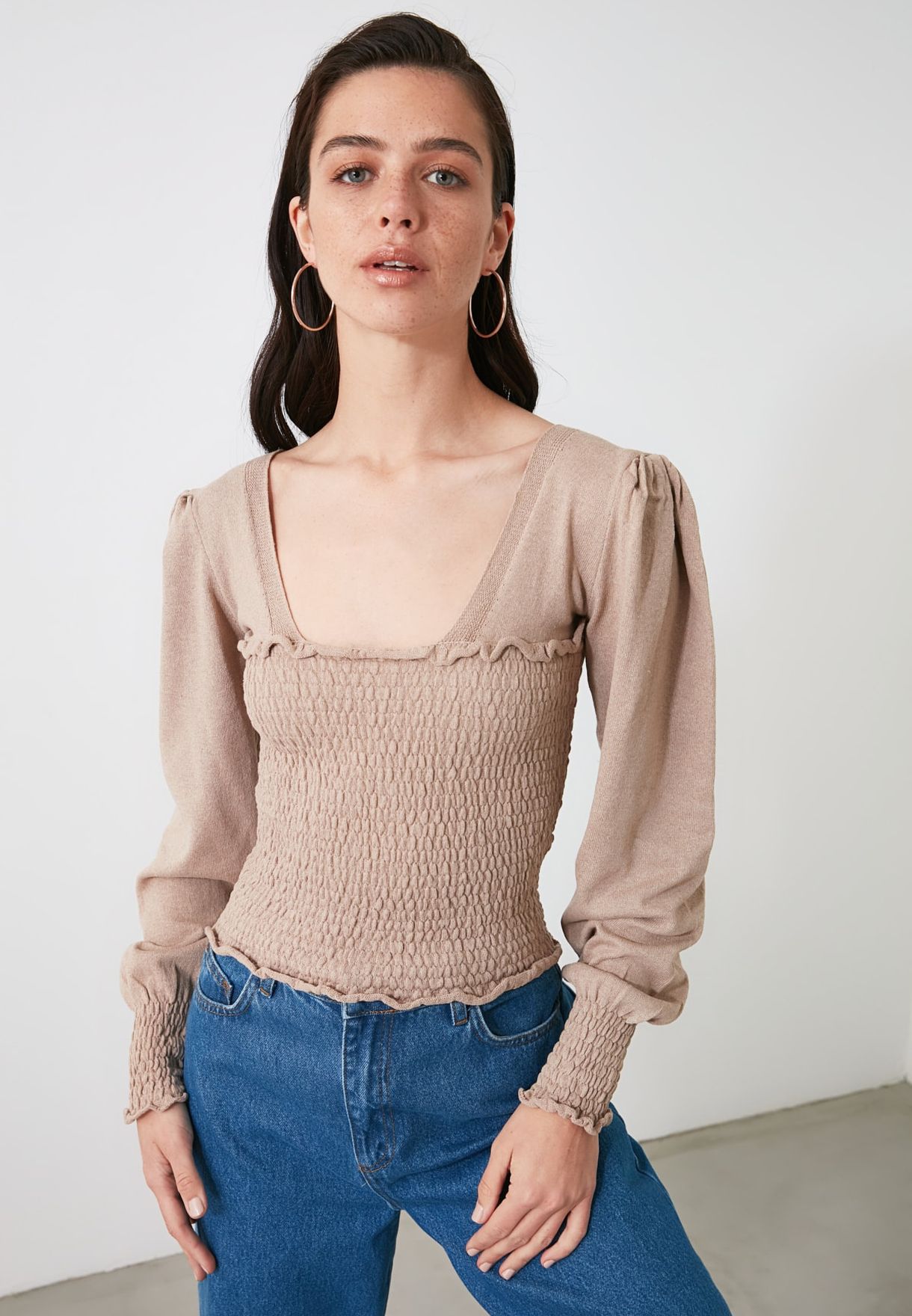 Buy Trendyol beige Square Neck Knitted Sweater for Women in MENA, Worldwide