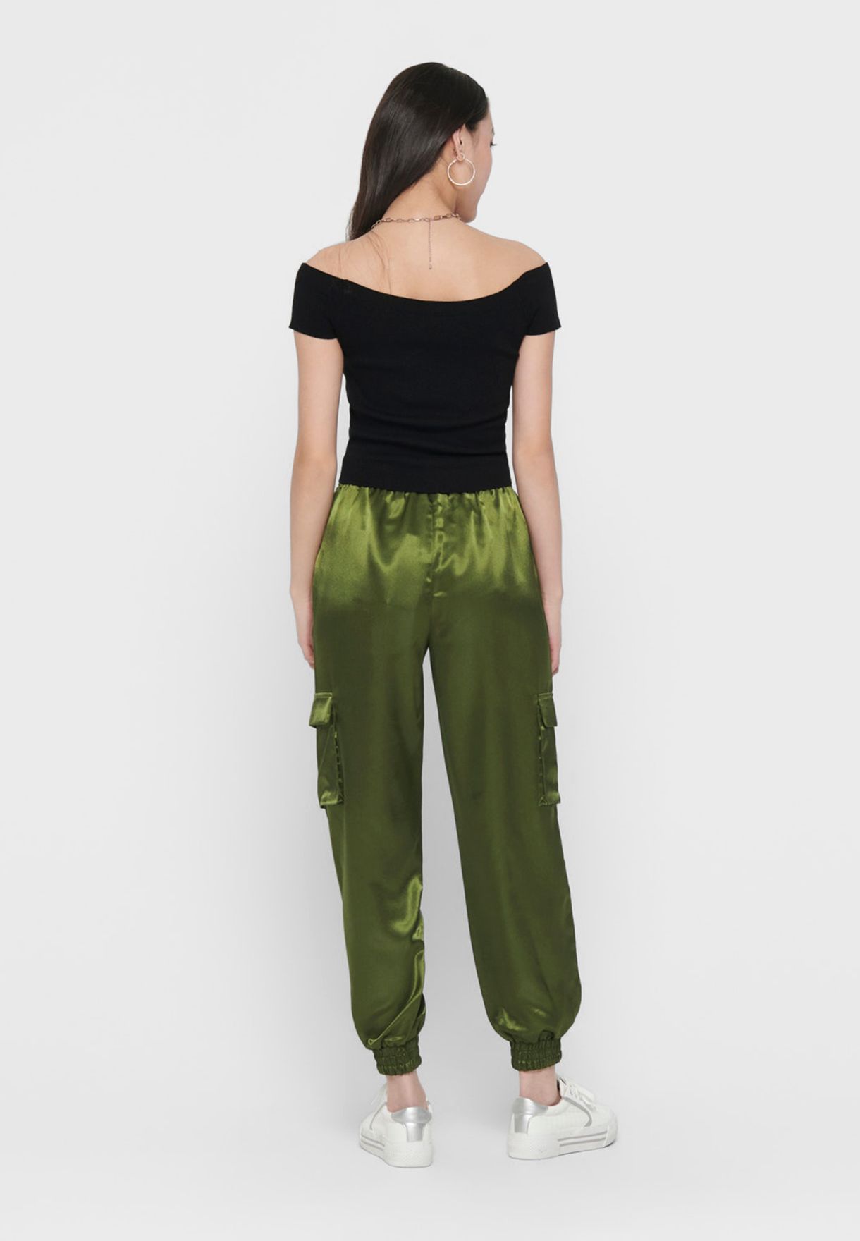 green satin cargo pants