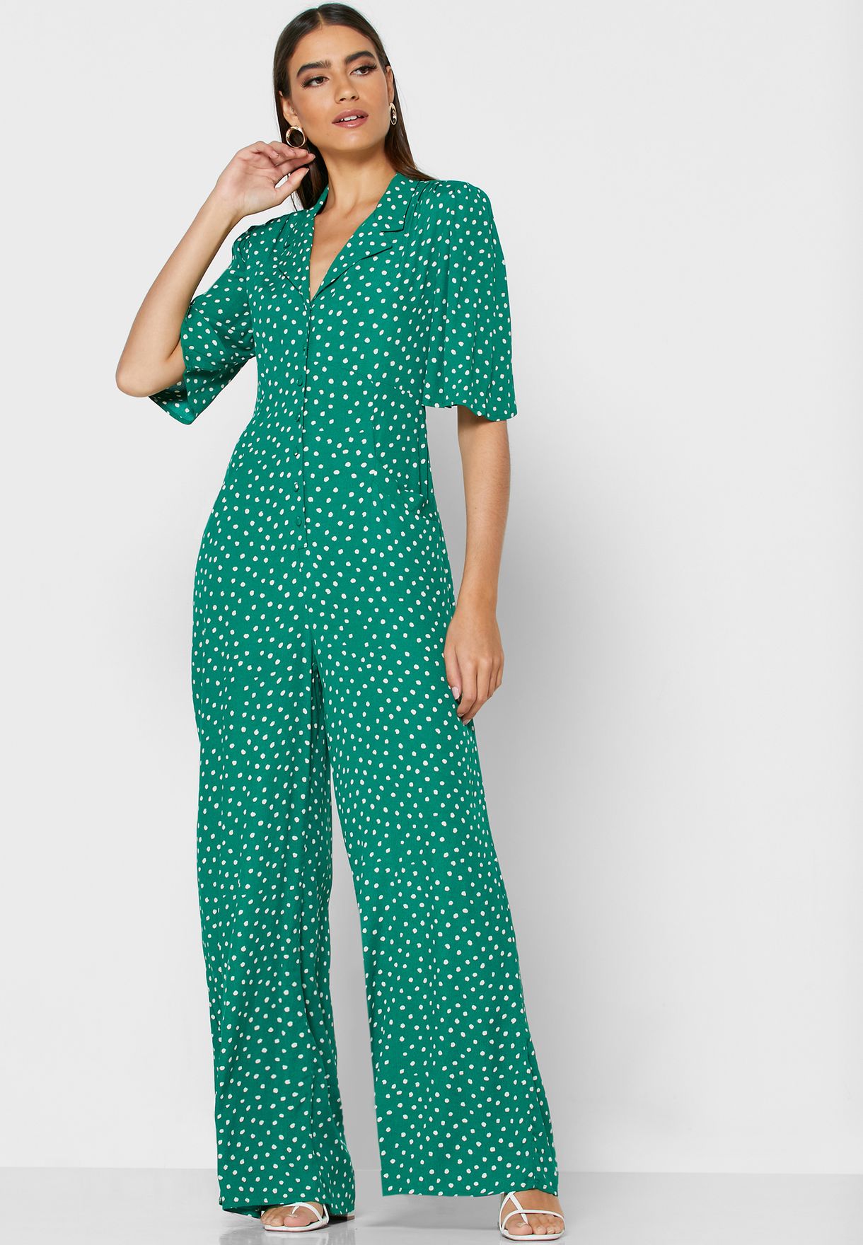 mango green polka dot jumpsuit