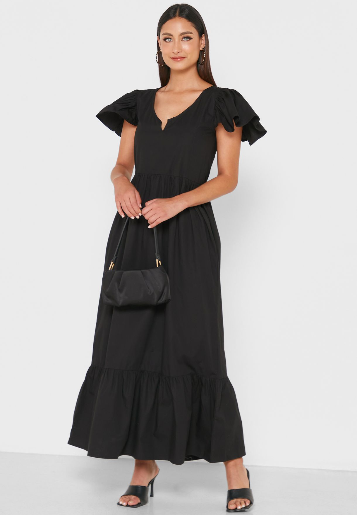 Buy Ella black Flared Sleeve Dress With Neck Slit for Women in Dubai