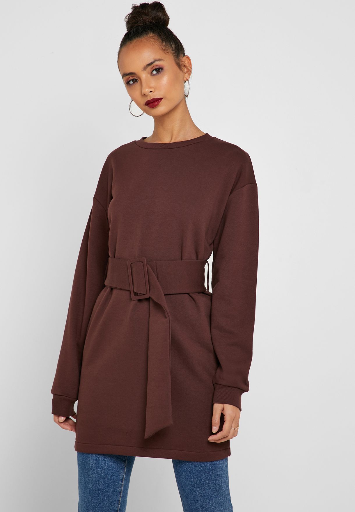 Topshop brown Belted Sweatshirt Dress 